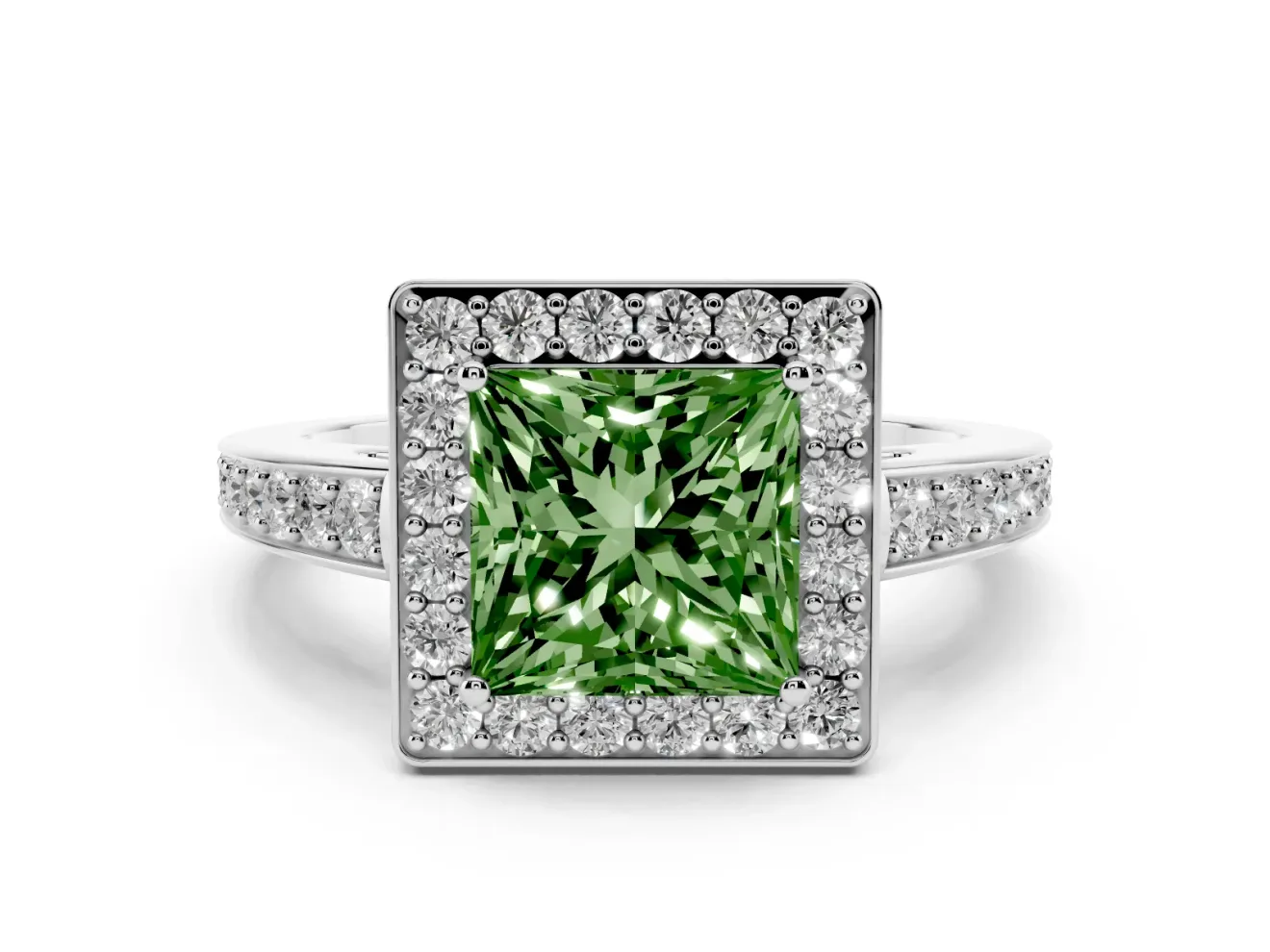 Princess Cut Framed Halo Engagement Ring Setting for a Fancy Green Lab-Grown Diamond | White Gold