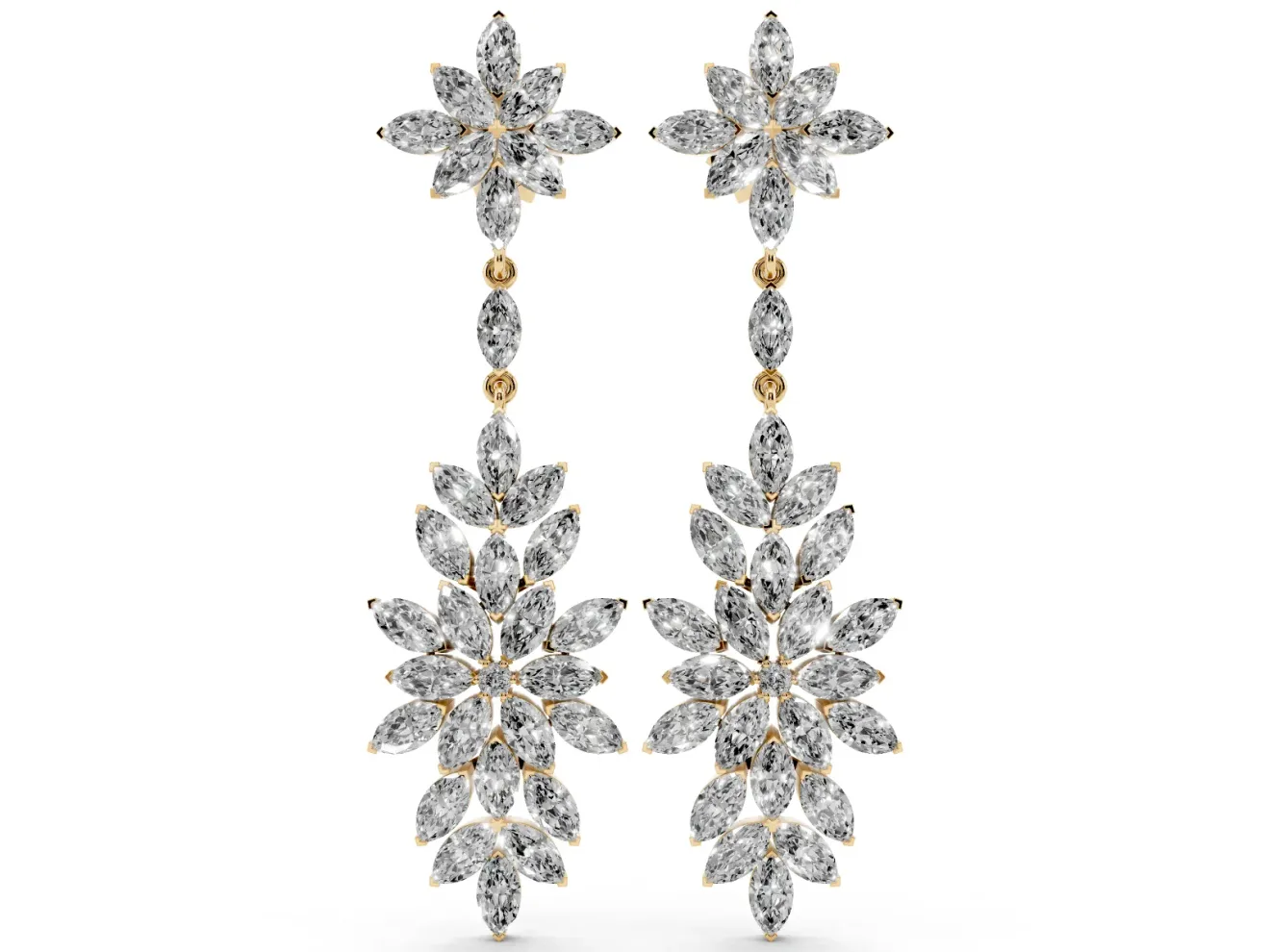 Marquise Lab-Grown Diamond Floral Cluster Drop Earrings | Flower Top and Spray | Yellow Gold