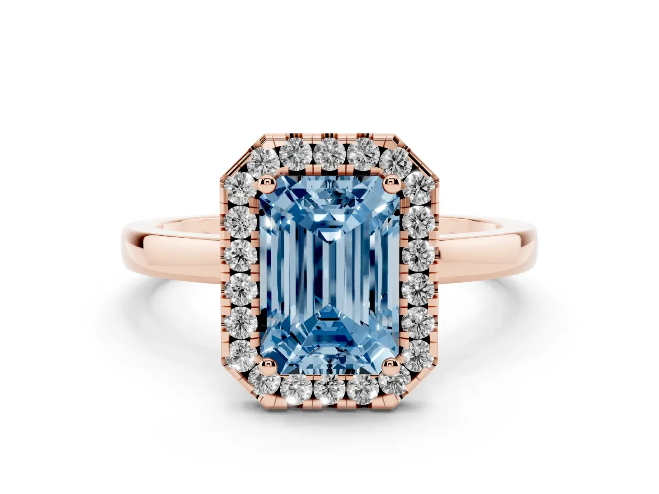 Fancy Blue Emerald Cut Diamond Halo Solitaire Ring Set in Rose gold with Pavé Band and Prong Setting