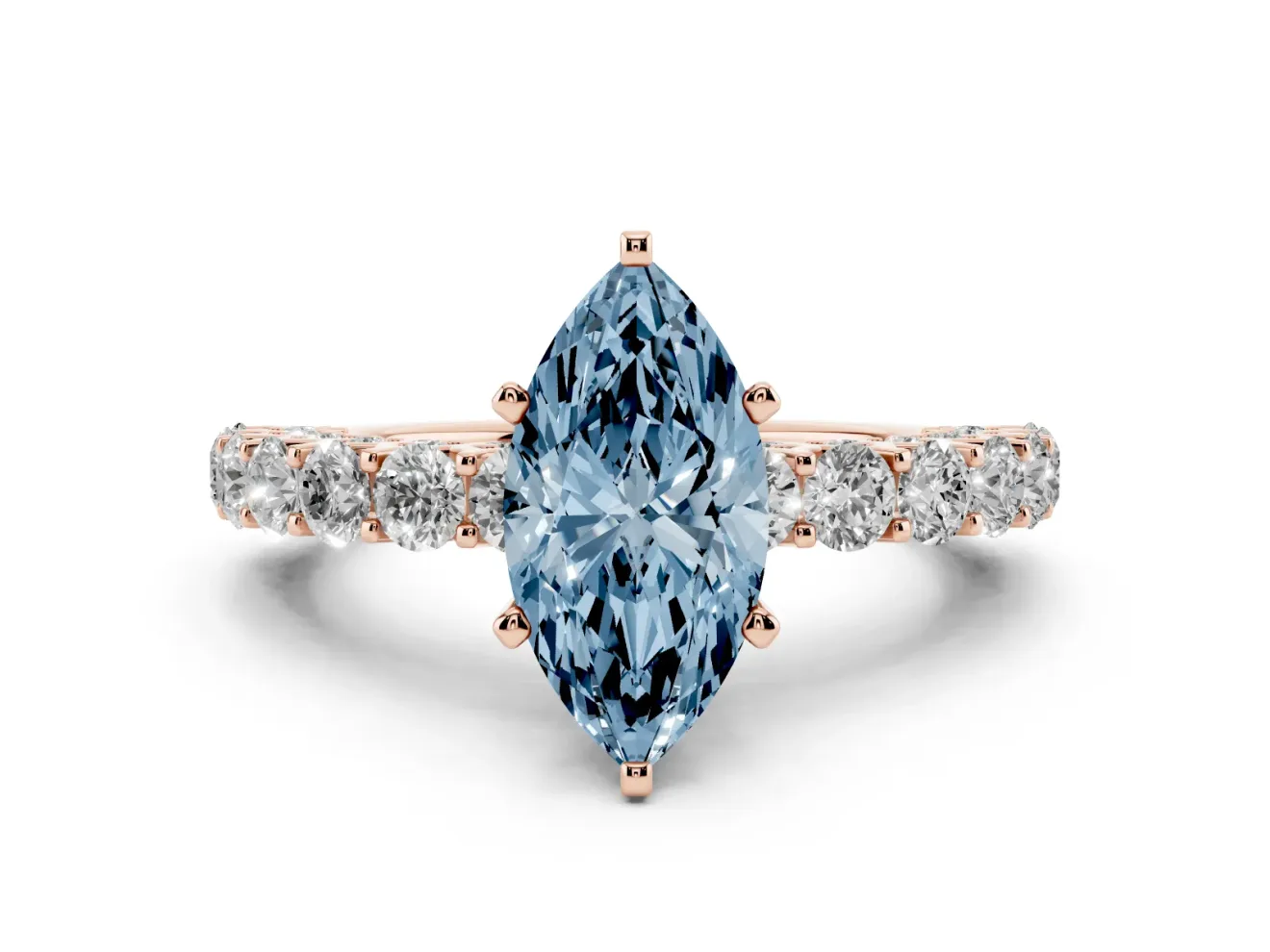 Fancy Blue Marquise Cut Diamond Solitaire Ring Set in Rose gold with Shared Prong Pavé Band