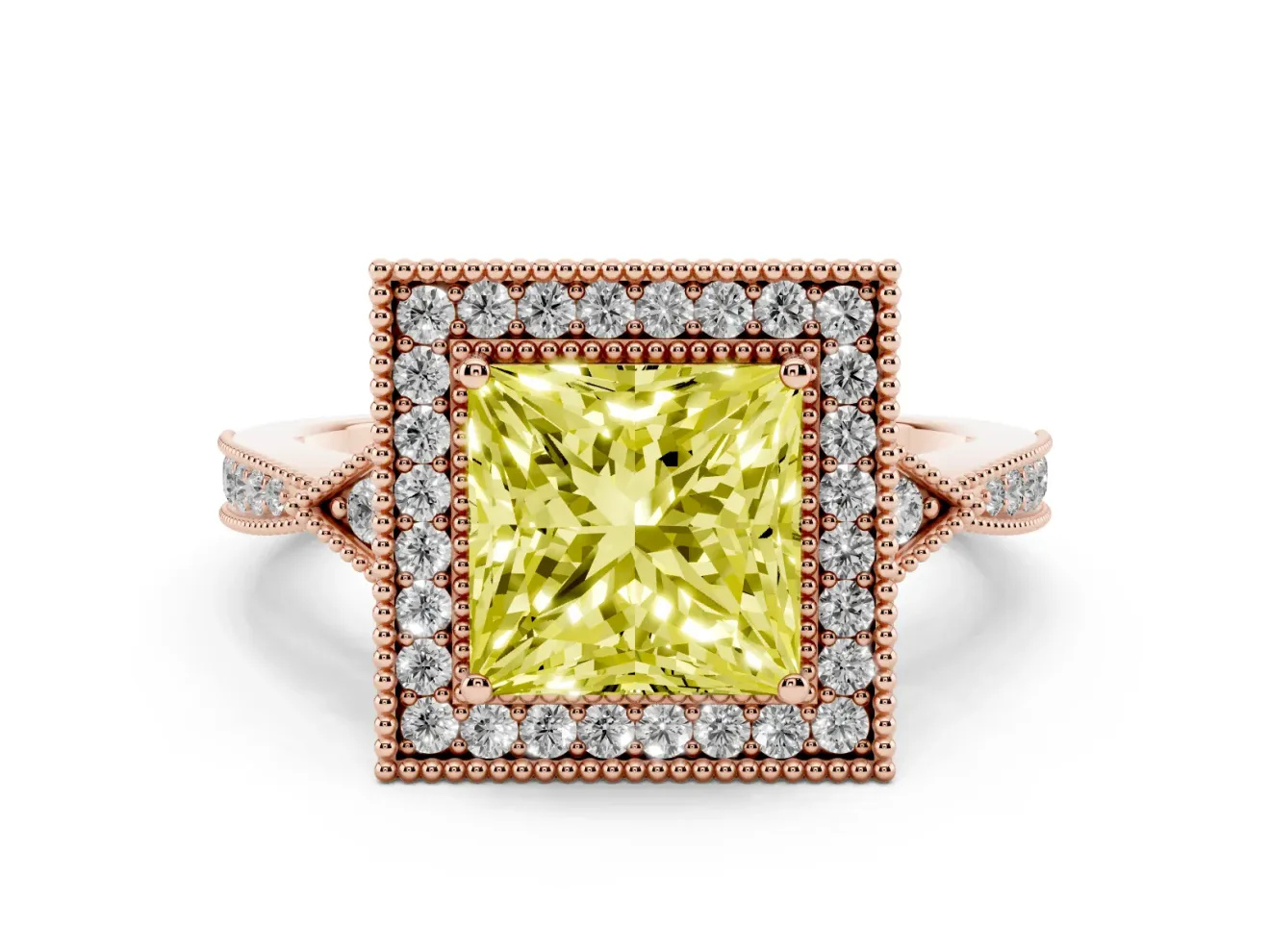Princess Cut Milgrain Halo Engagement Ring Setting for a Fancy Yellow Lab-Grown Diamond | Graduated Pavé | Rose Gold