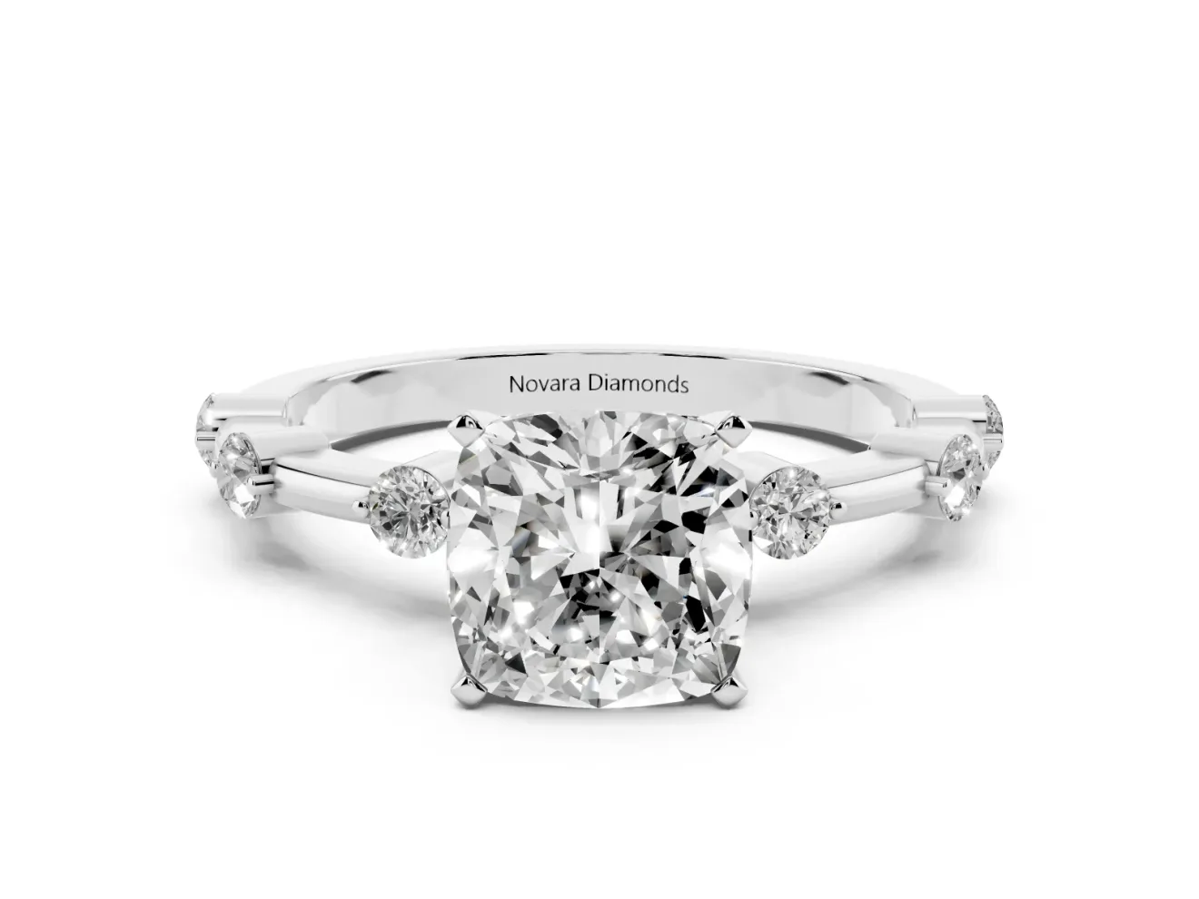 Cushion Cut Diamond Solitaire Ring Set in Silver with Bezel Set Side Stones and Prong Setting
