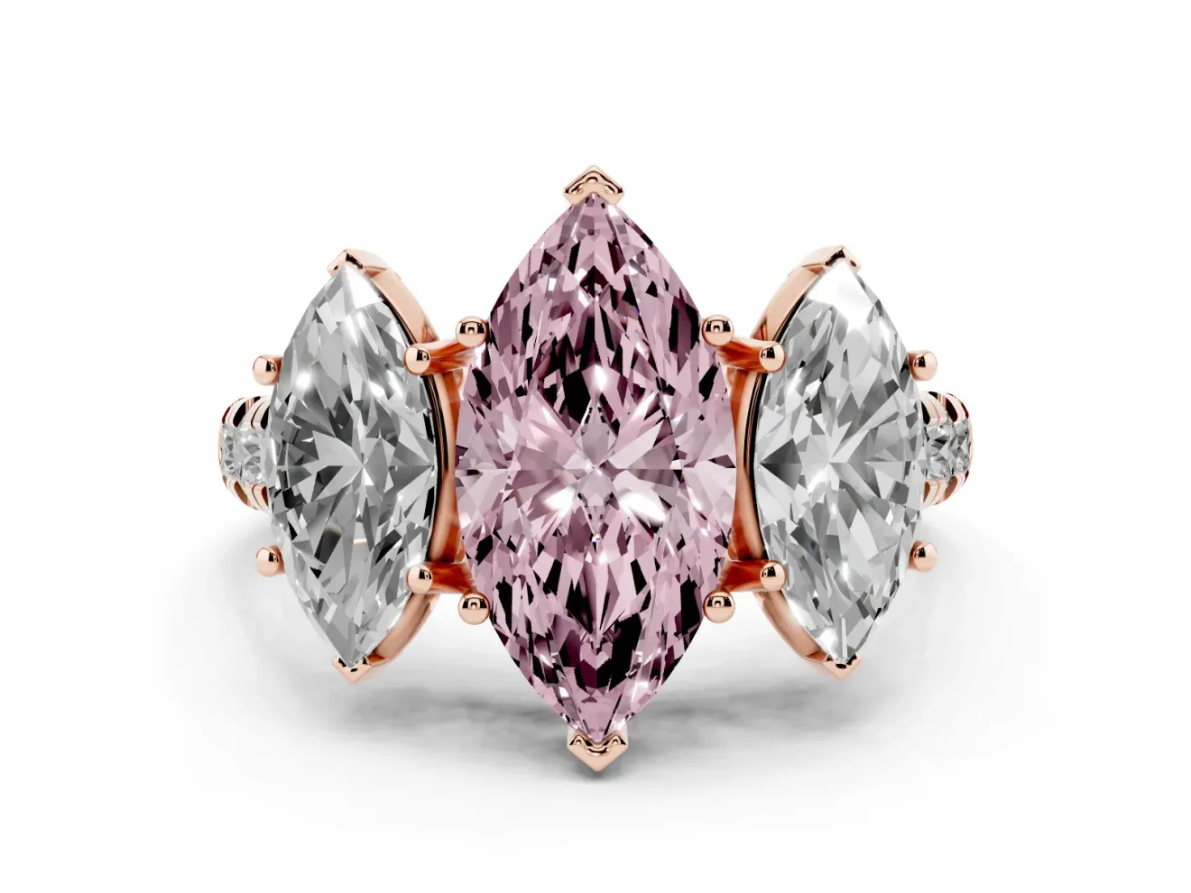 Marquise Three Stone Engagement Ring Setting for a Fancy Pink Lab-Grown Diamond | Accented Shoulders | Rose Gold