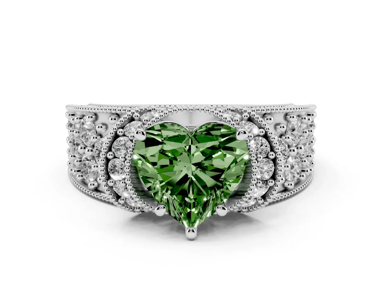 Fancy Green Heart Cut Diamond Milgrain Halo Pavé Engagement Ring Set in White gold with Prong Setting