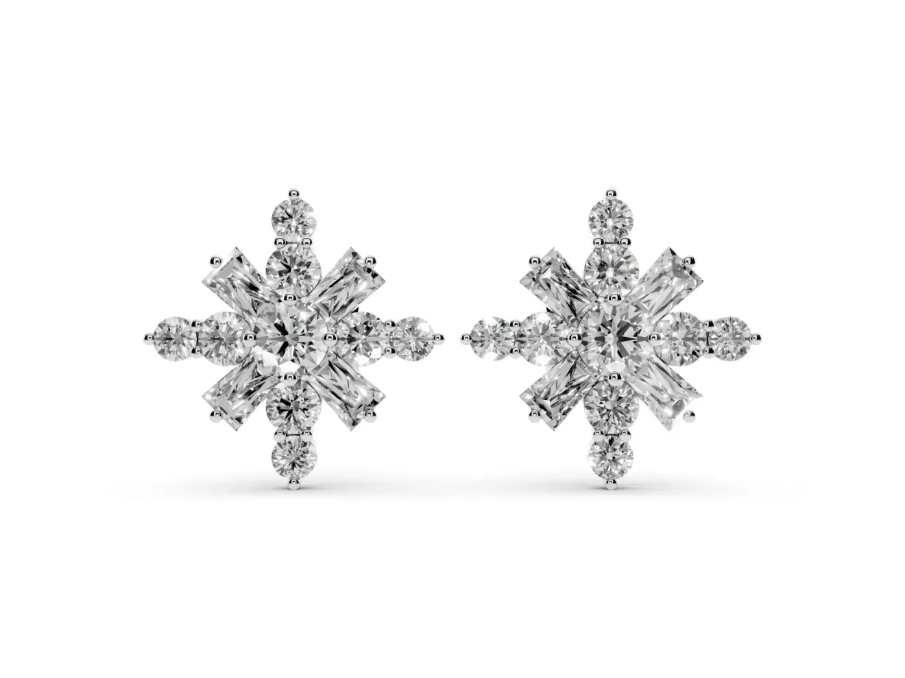 Round Lab-Grown Diamond Snowflake Cluster Stud Earrings | Tapered Baguette Points | White Gold