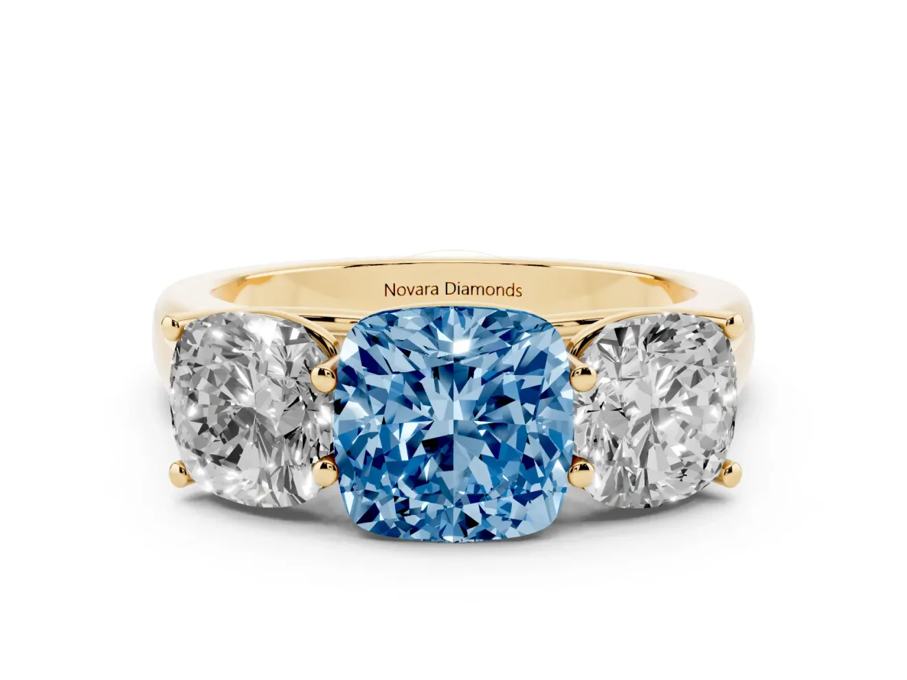 Cushion Cut Three Stone Engagement Ring Setting for a Fancy Blue Lab-Grown Diamond | Basket Prong Heads | Yellow Gold