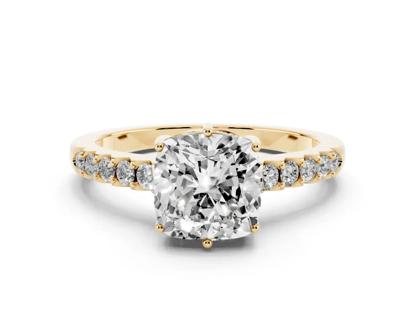 Cushion Cut Hidden Halo Solitaire Engagement Ring Setting | Shared Prong Band | Yellow Gold