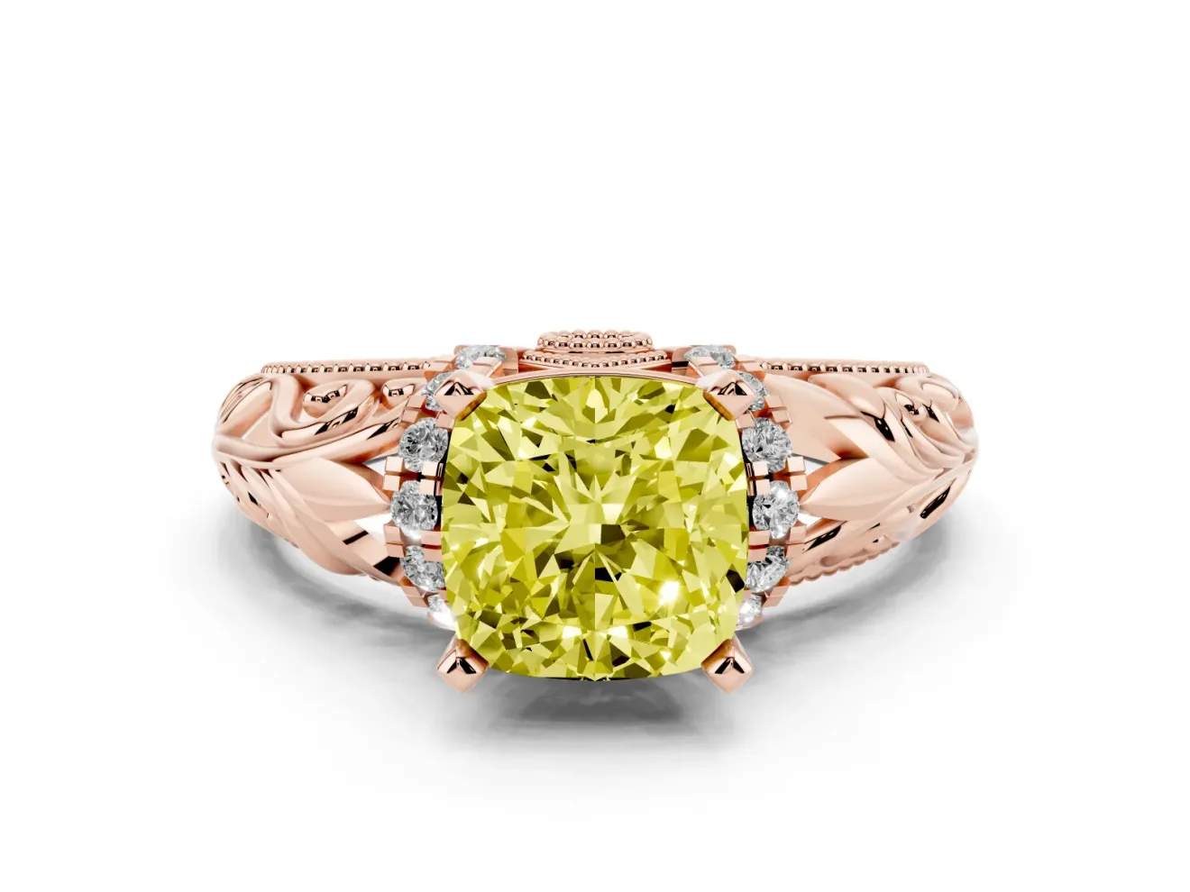 Cushion Cut Filigree Engagement Ring Setting for a Fancy Yellow Lab-Grown Diamond | Rose Gold