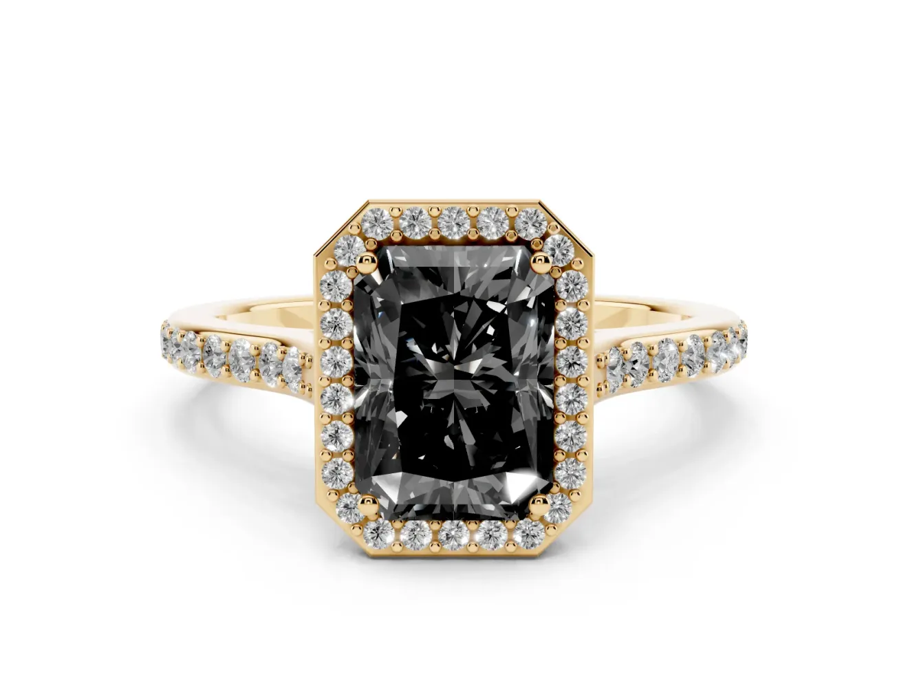 Radiant Cut Pavé Halo Engagement Ring Setting for a Black Center | Yellow Gold