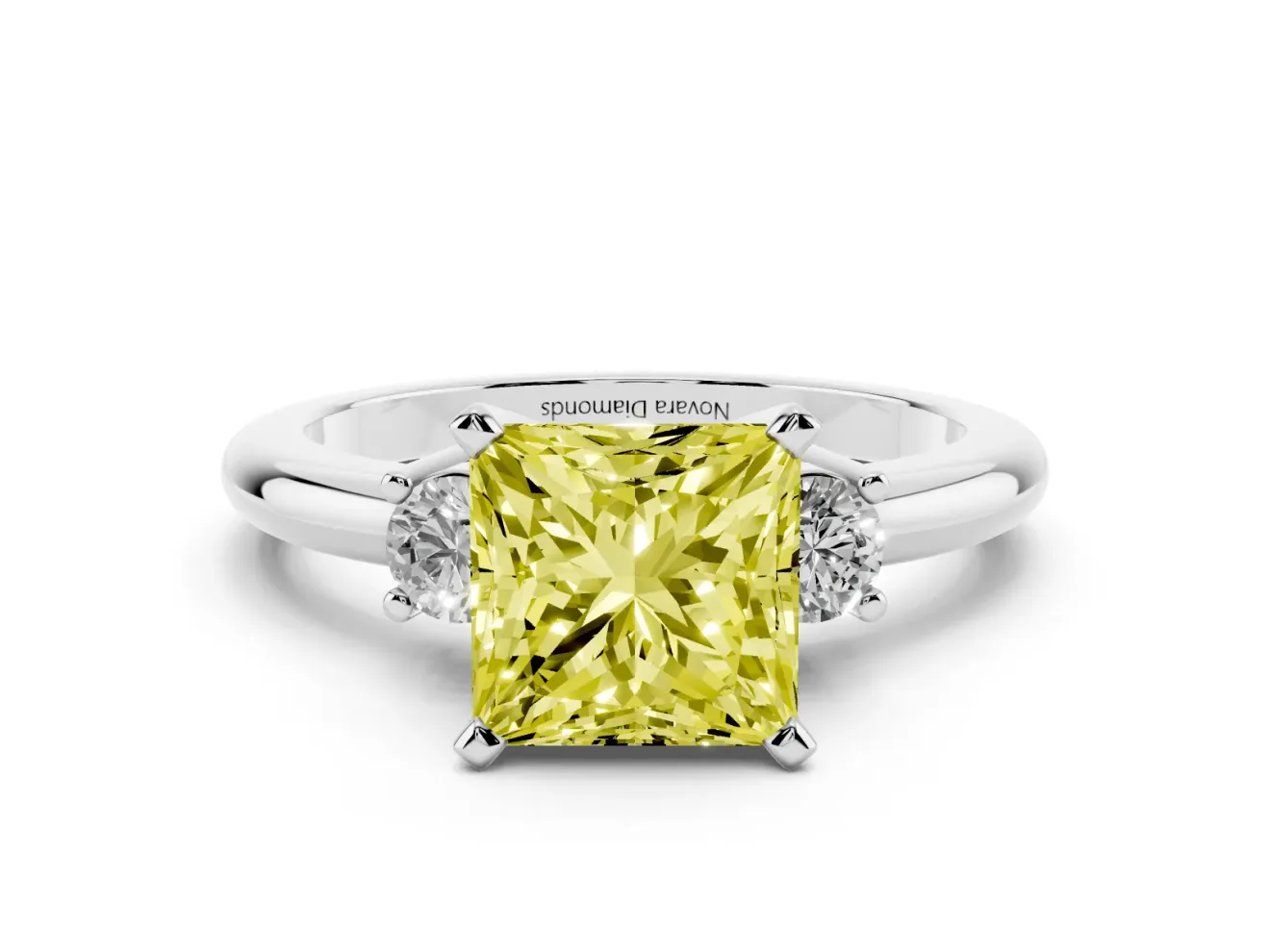 Fancy Yellow Three-Stone Princess Cut Diamond Ring Set in White gold with Prong Setting and Plain Band