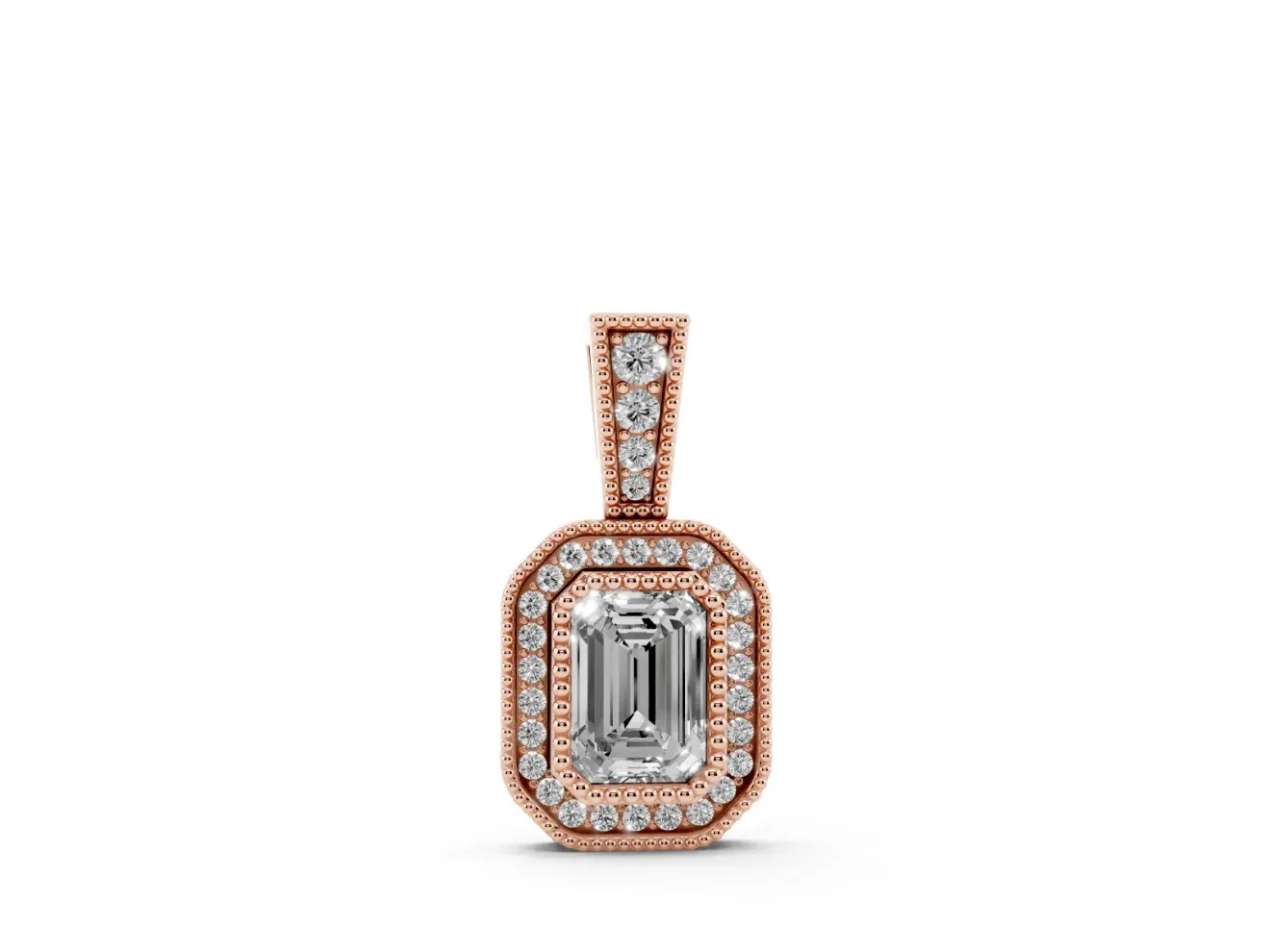 Emerald Cut Lab-Grown Diamond Pavé Halo Pendant Necklace | Graduated Pavé Bail | Rose Gold