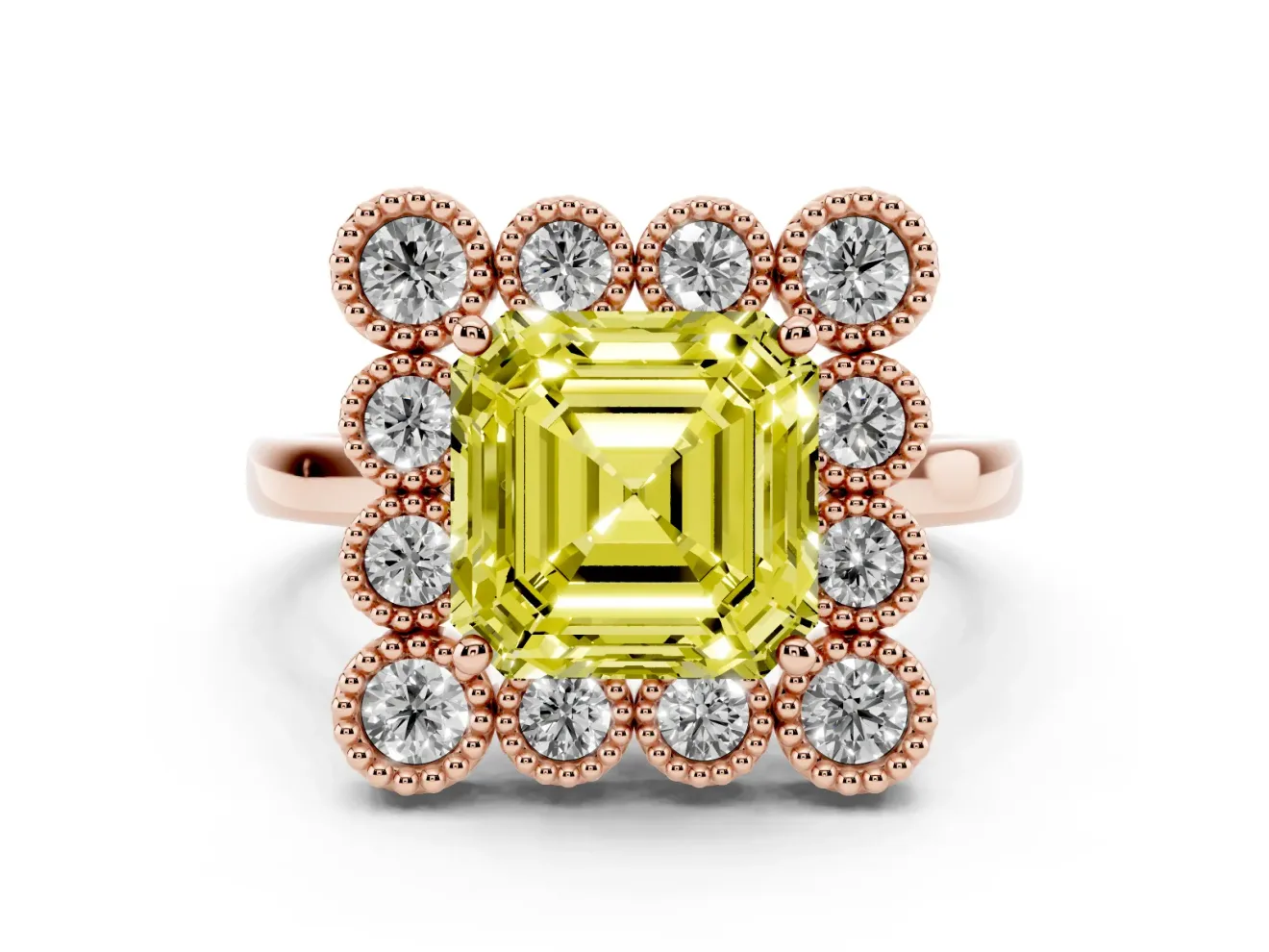 Asscher Cut Milgrain Cluster Halo Engagement Ring Setting for a Fancy Yellow Lab-Grown Diamond | Plain Band | Rose Gold