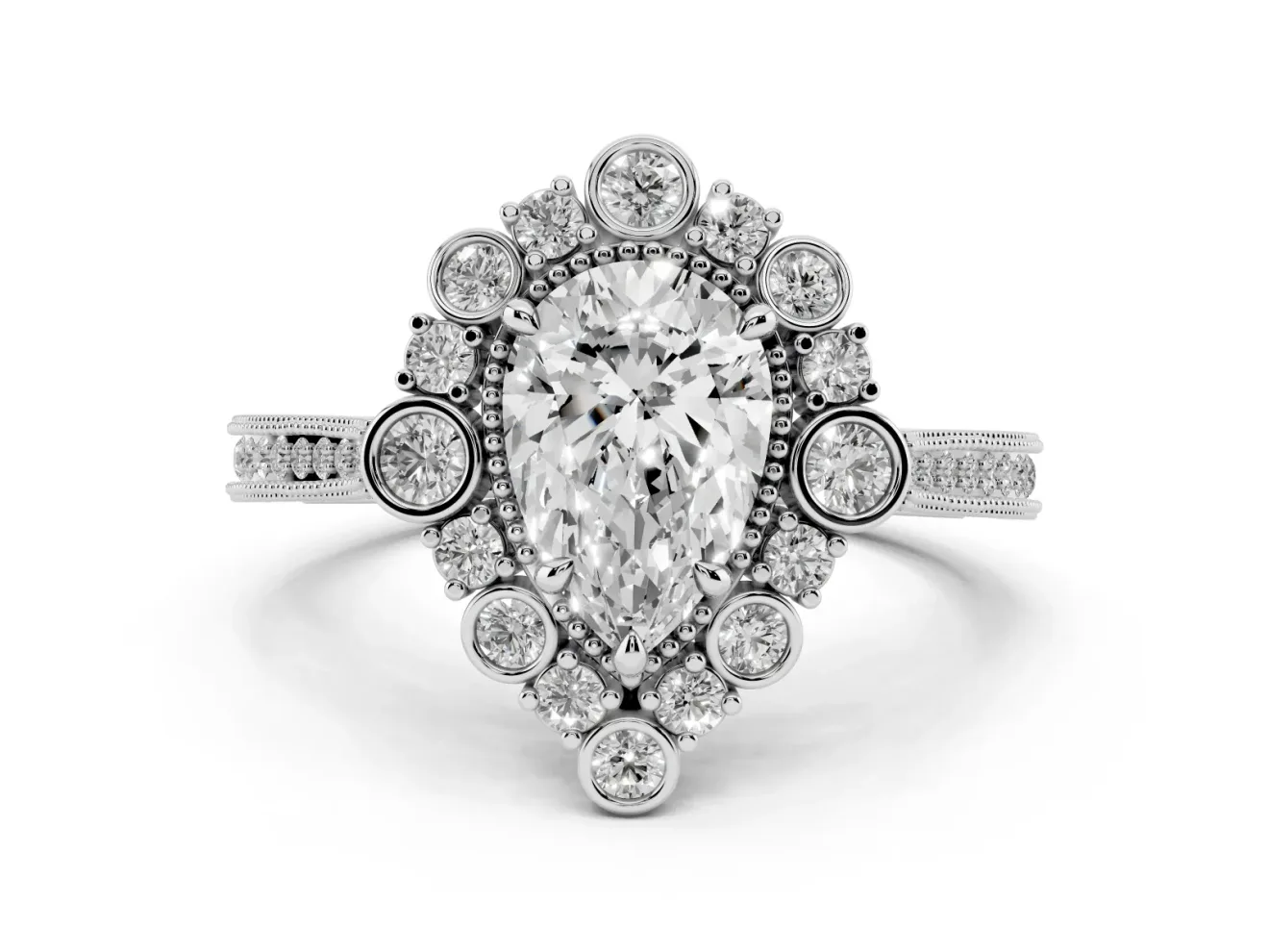 Pear Cut Diamond Halo Milgrain Pavé Ring Set in White gold with Prong Setting