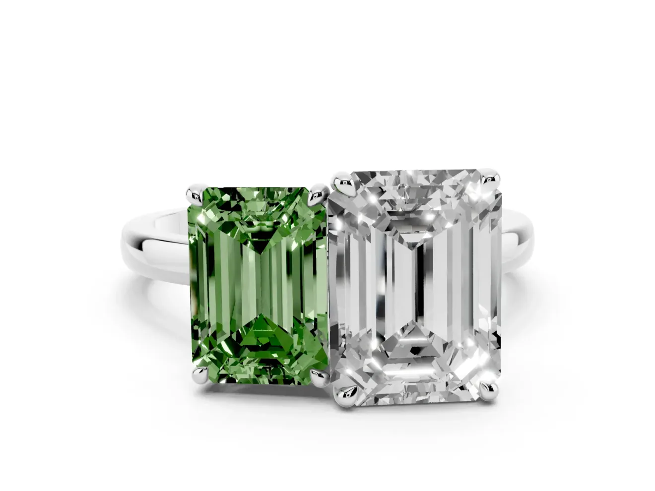 Fancy Green Emerald Cut and Emerald Cut Toi Moi Ring Set in White gold with Prong Setting