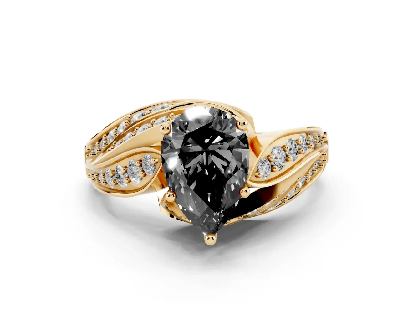 Fancy Black Pear Cut Diamond Solitaire Ring Set in Yellow gold with Layered Twist Pavé Band