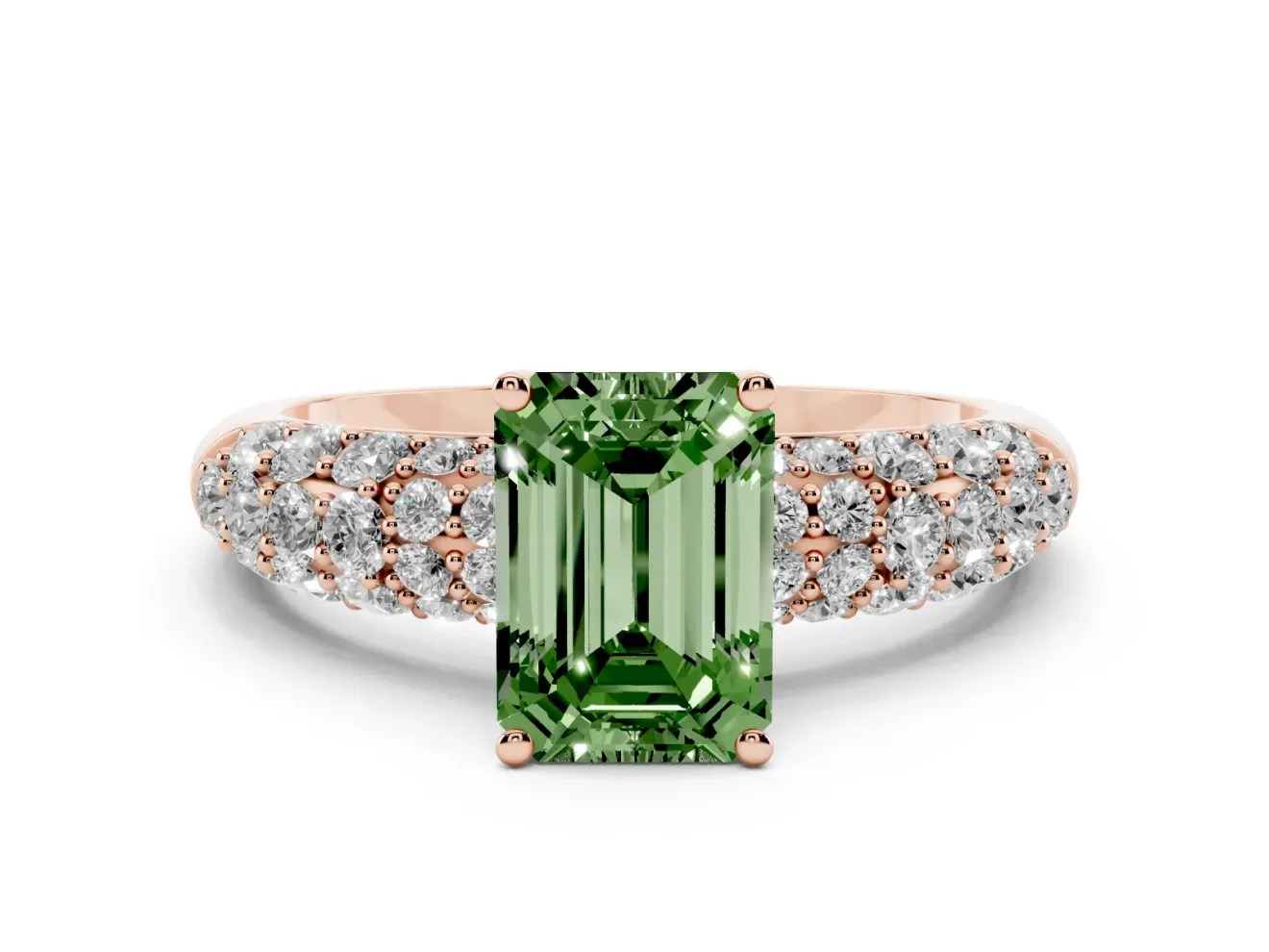 Emerald Cut Multi Row Pave Engagement Ring Setting for a Fancy Green Lab-Grown Diamond | Rose Gold