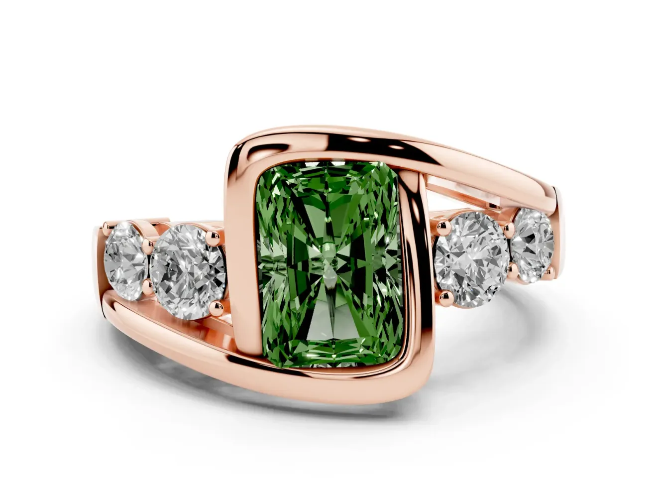 Radiant Cut Bezel Bypass Engagement Ring Setting for a Fancy Green Lab-Grown Diamond | Rose Gold