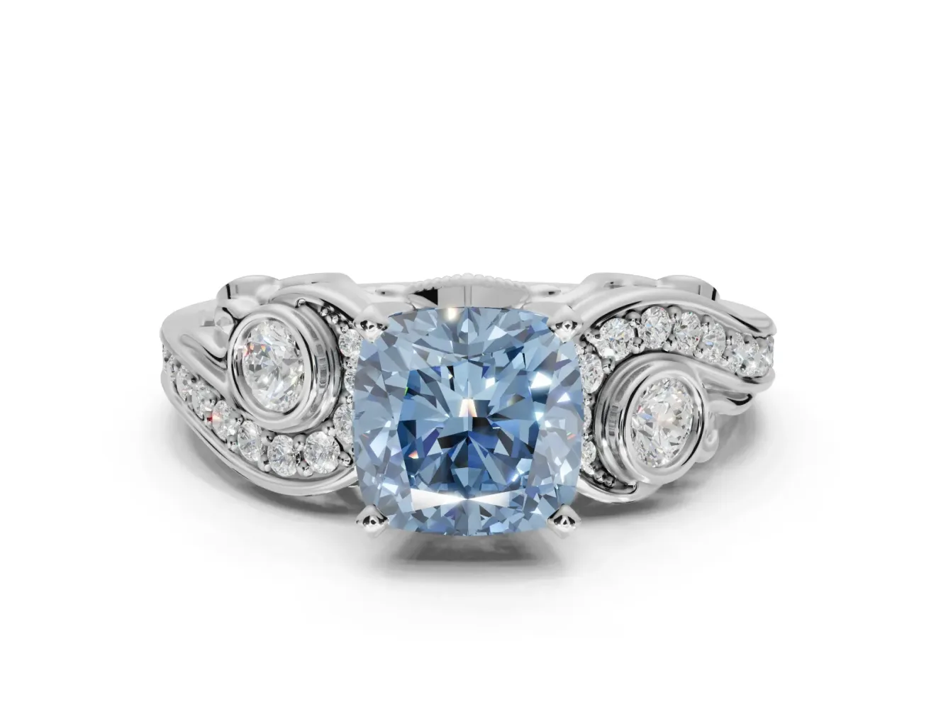 Cushion Cut Swirl Engagement Ring Setting for a Fancy Blue Lab-Grown Diamond | Platinum