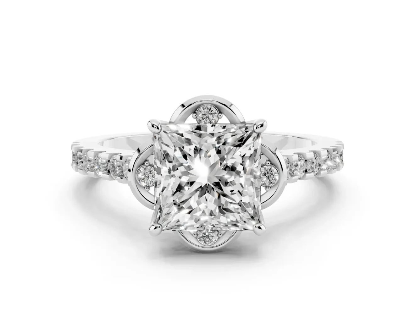 Princess Cut Diamond Solitaire Ring Set in White gold with Pavé Band and Floral Prong Setting