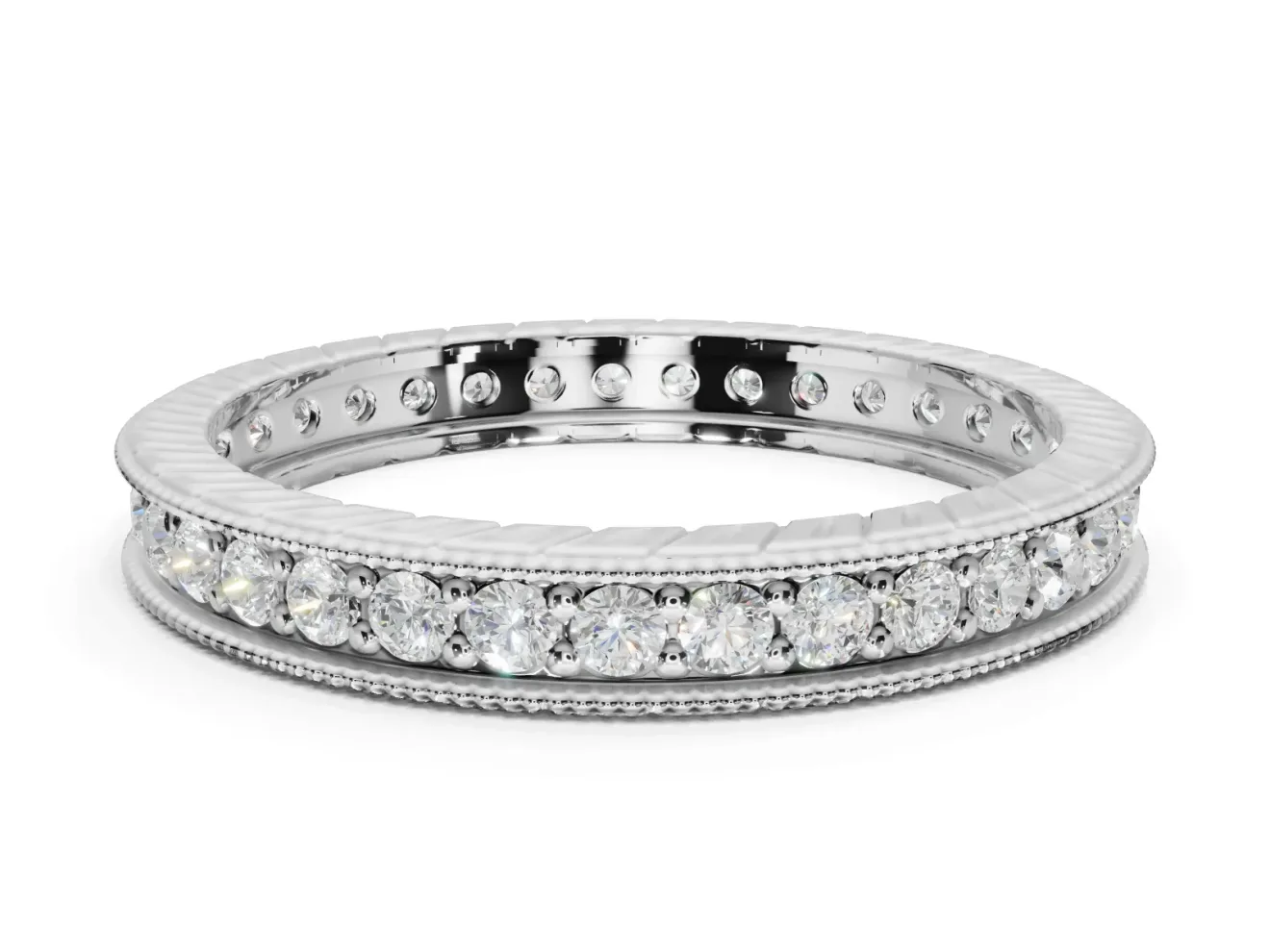 Round Lab-Grown Diamond Milgrain Pavé Eternity Band | Carved Side Walls | Sterling Silver
