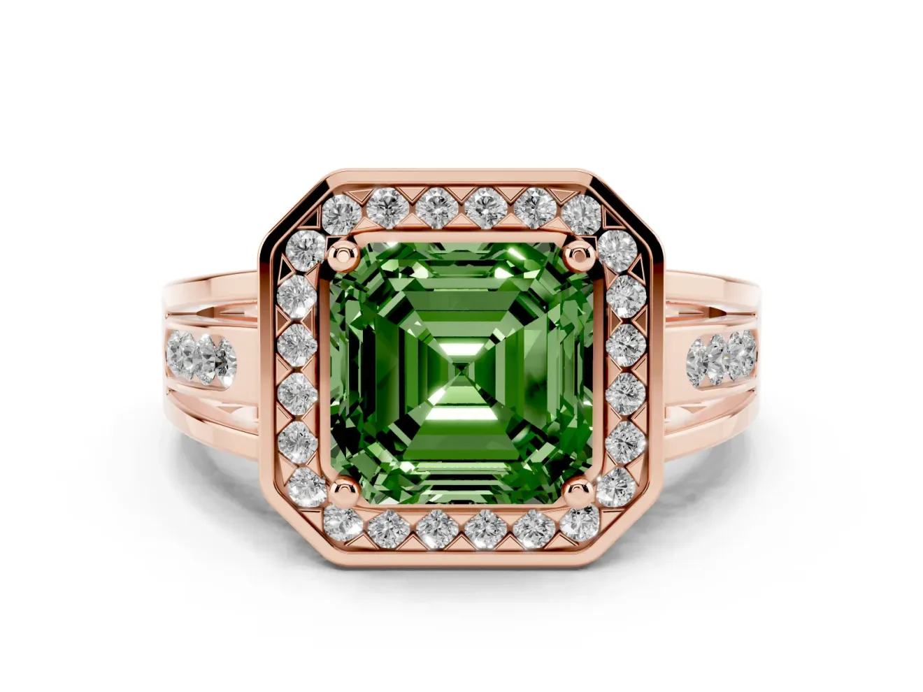 Asscher Cut Halo Engagement Ring Setting for a Fancy Green Lab-Grown Diamond | Channel-Set Split Shank | Rose Gold