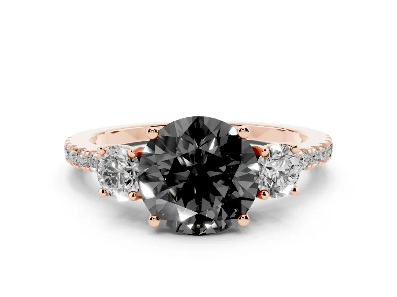 Round Three Stone Engagement Ring Setting for a Black Center | Pavé Shoulders | Rose Gold