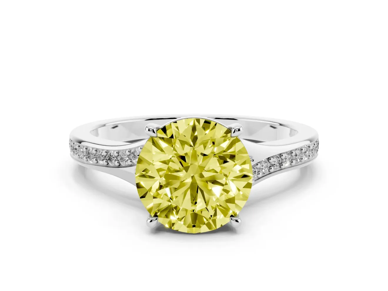 Round Pave Solitaire Engagement Ring Setting for a Fancy Yellow Lab-Grown Diamond | Sweeping Shoulders | White Gold