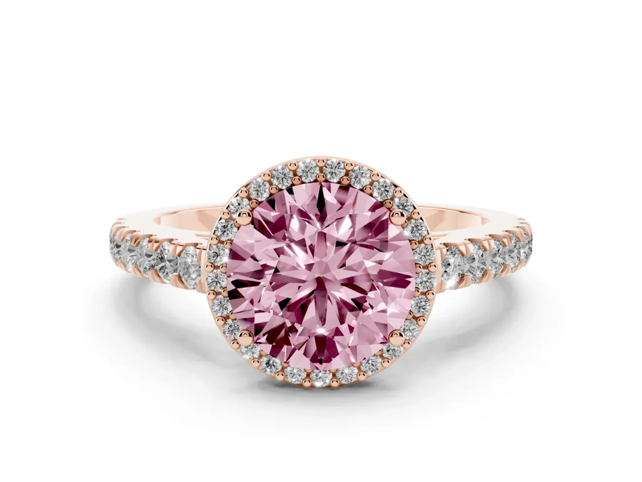 Fancy Pink Round Cut Diamond Halo Engagement Ring Set in Rose gold with Pavé Band and Prong Setting