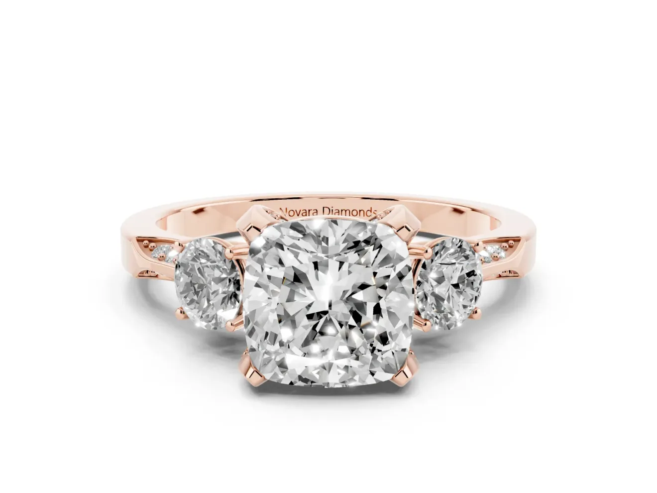 Cushion Cut Hidden Halo Three Stone Engagement Ring Setting | Pave Gallery | Rose Gold