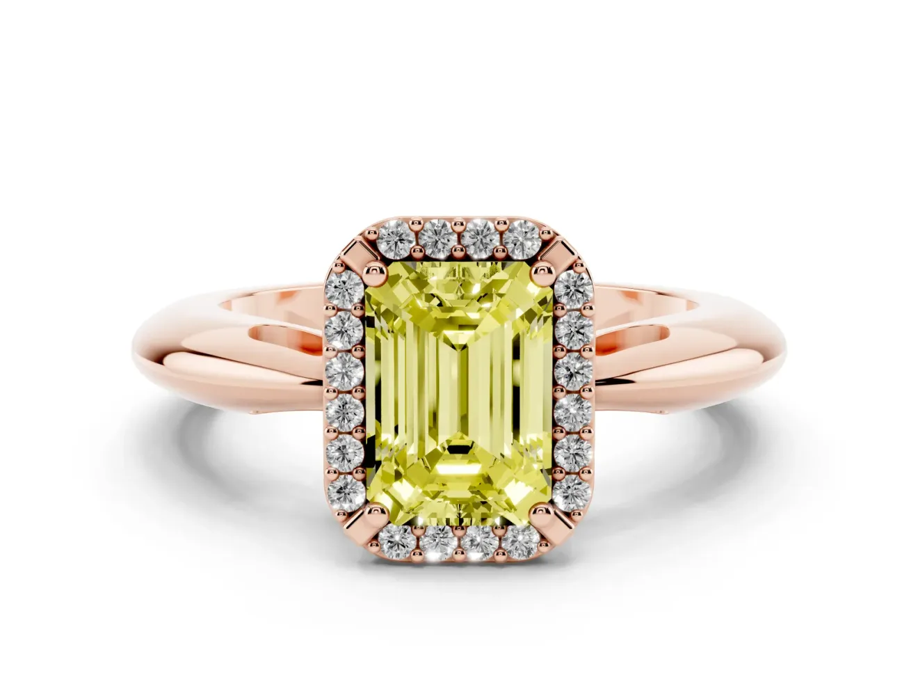 Emerald Cut Halo Engagement Ring Setting for a Fancy Yellow Lab-Grown Diamond | Plain Tapered Band | Rose Gold