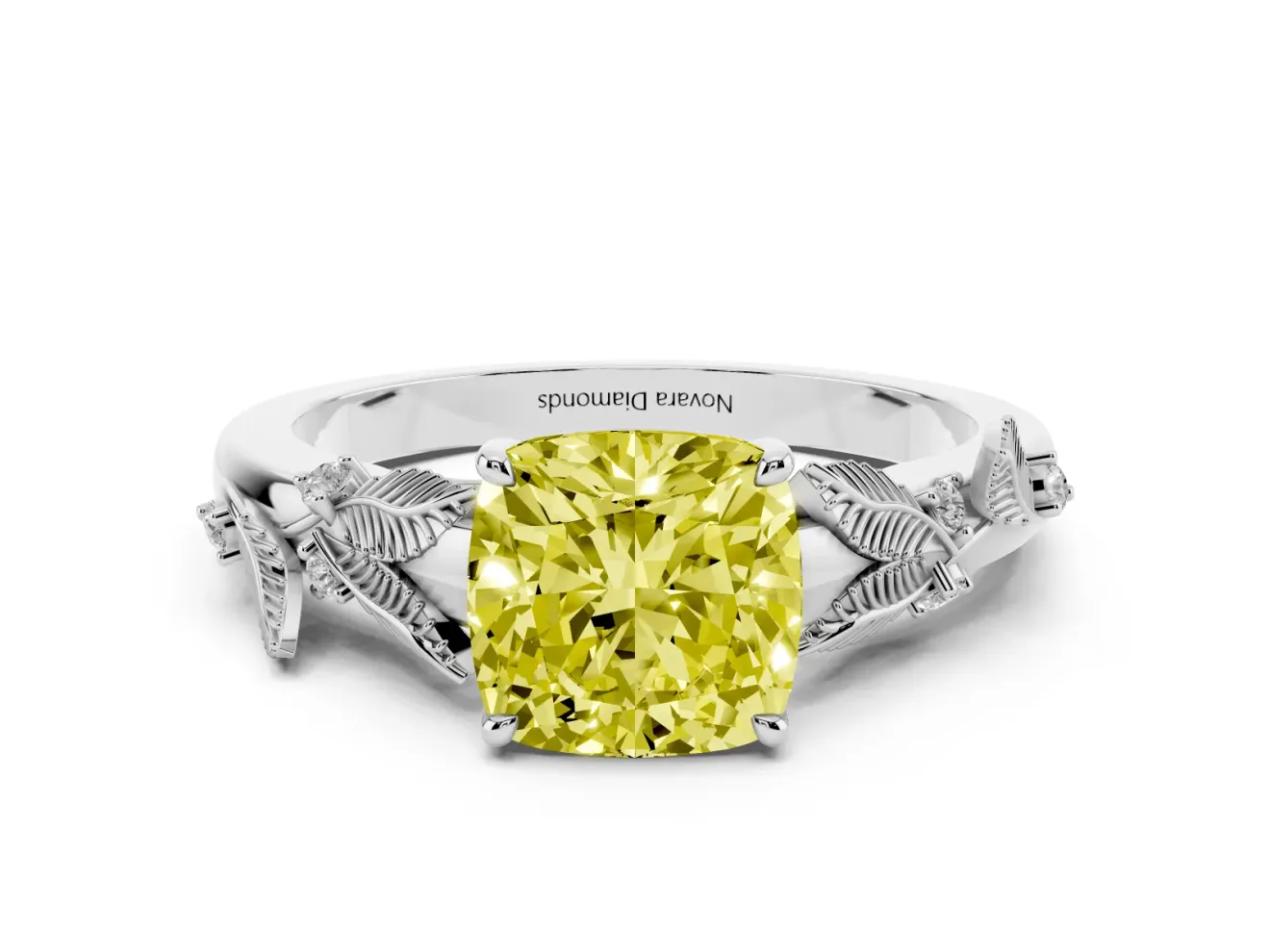 Cushion Cut Leaf Solitaire Engagement Ring Setting for a Fancy Yellow Lab-Grown Diamond | Sterling Silver