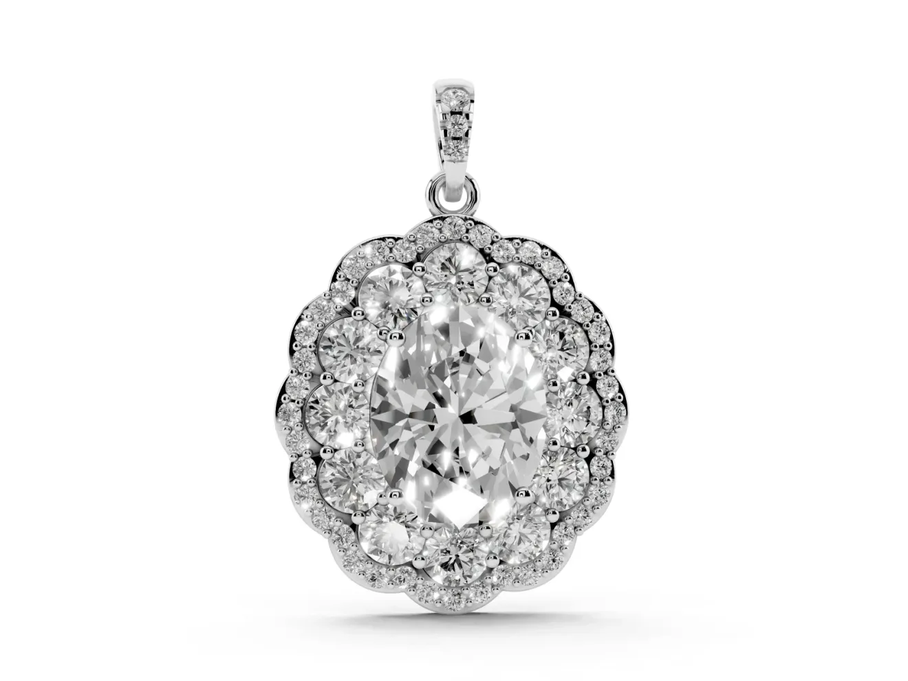 Oval Lab-Grown Diamond Floral Double Halo Pendant Necklace | Pavé Bail | White Gold