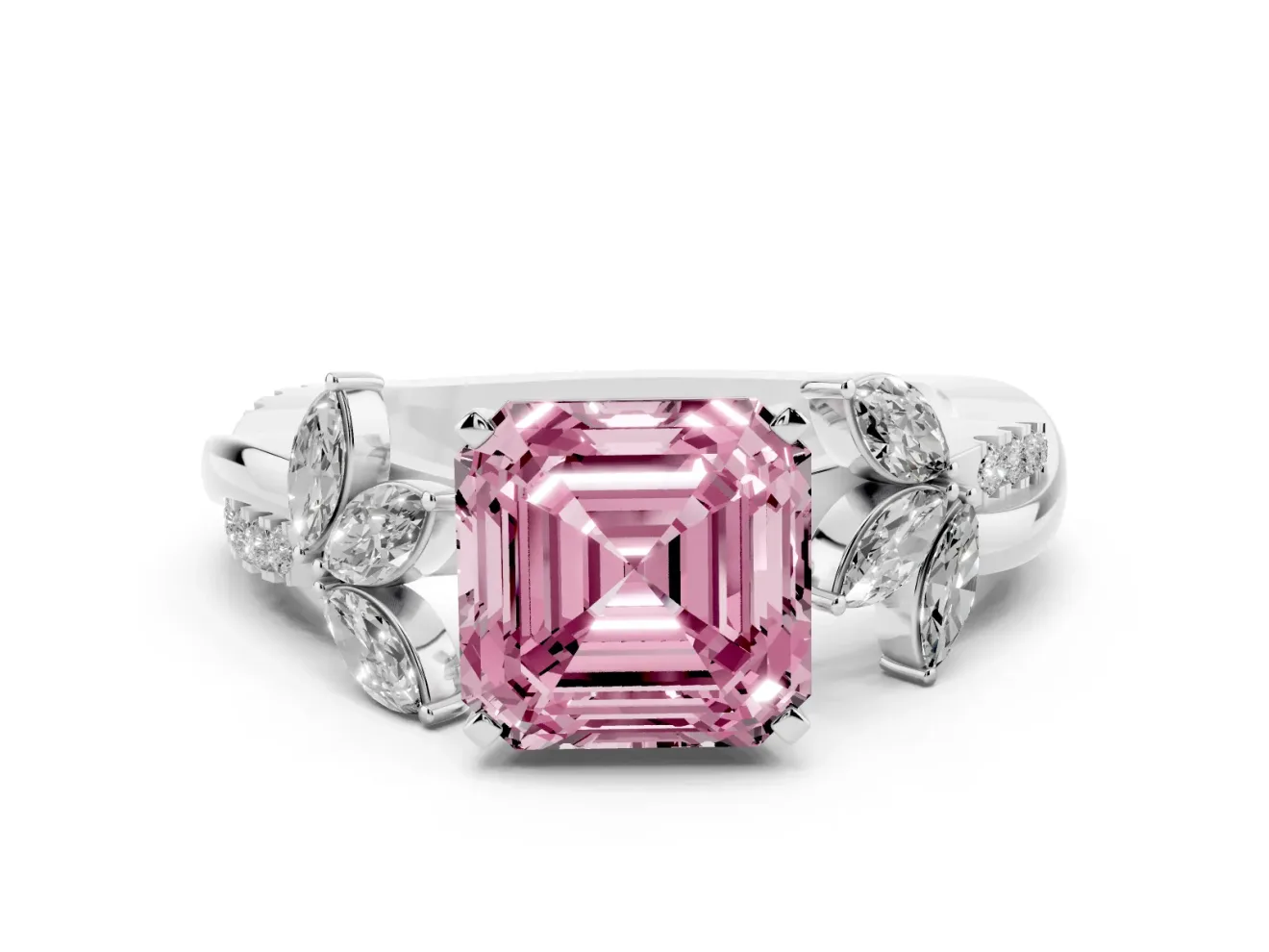 Fancy Pink Asscher Cut Diamond Floral Vine Solitaire Engagement Ring Set in Silver with Marquise Leaves