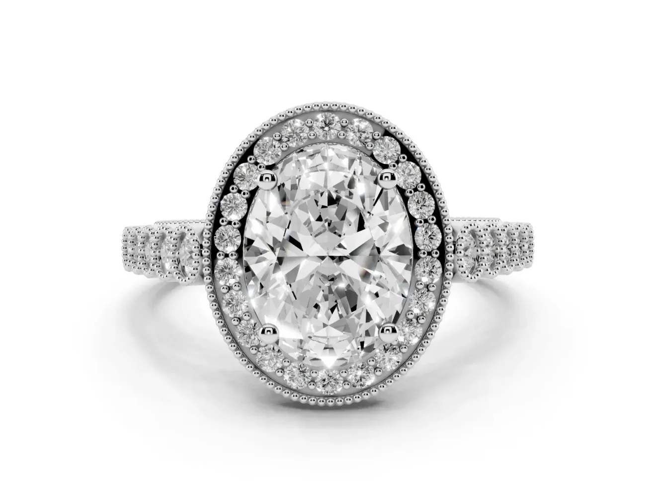 Oval Cut Diamond Milgrain Halo Solitaire Ring Set in Platinum with Bezel Set Side Stones and Pavé Band