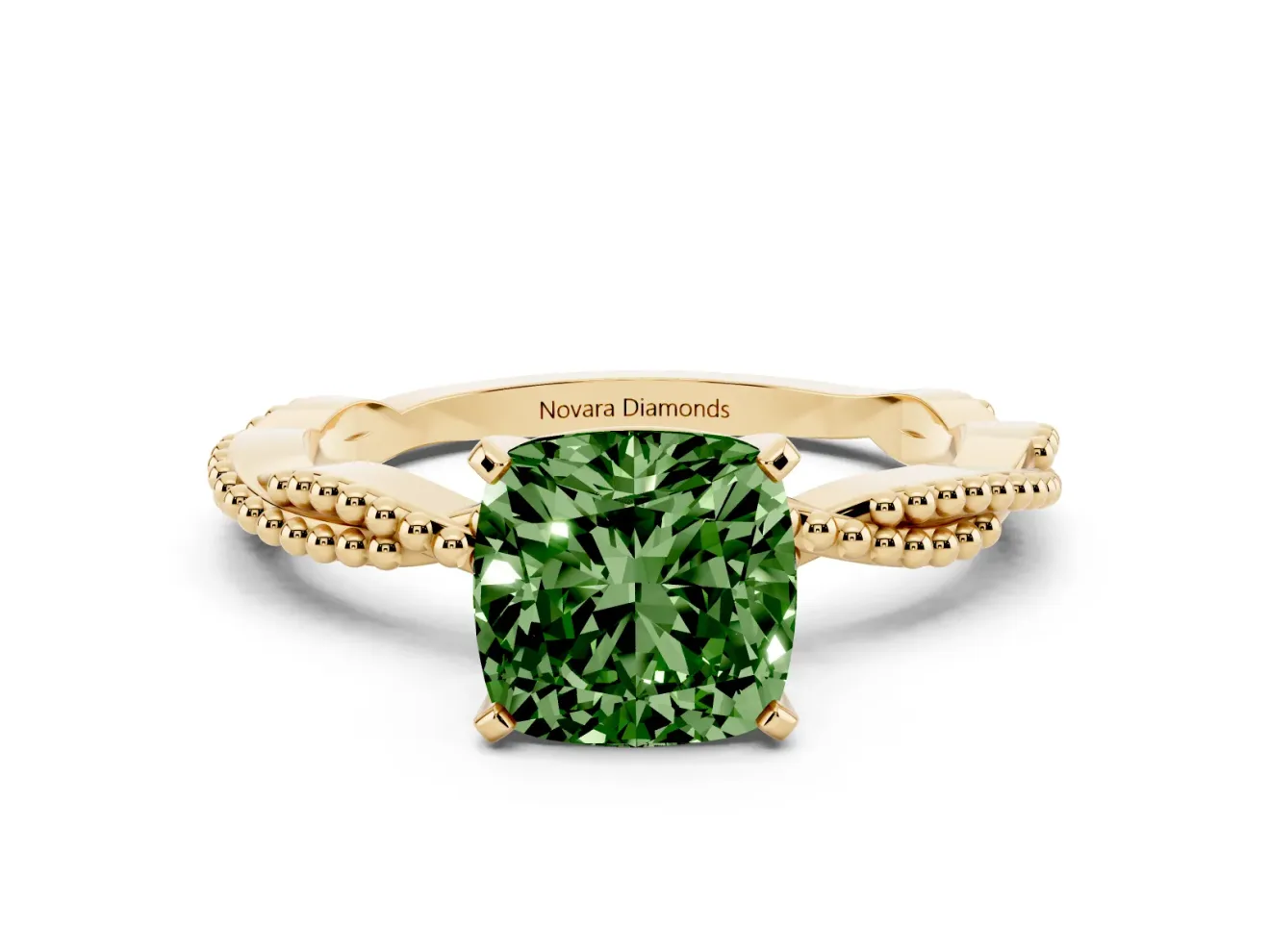 Fancy Green Cushion Cut Diamond Solitaire Ring Set in Yellow gold with Twisted Band and Bead Prong Setting