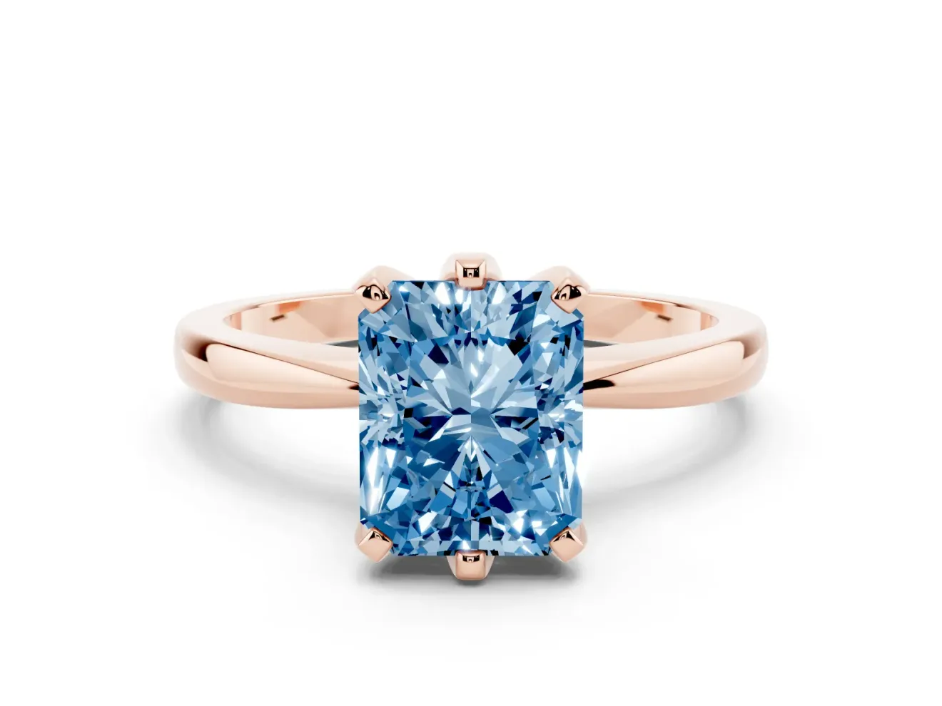 Fancy Blue Radiant Cut Diamond Solitaire Engagement Ring Set in Rose gold with Slim Tapered Solitaire Band