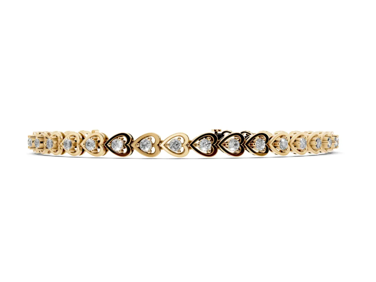 Round Lab-Grown Diamond Heart Link Tennis Bracelet | Alternating Hearts | Yellow Gold