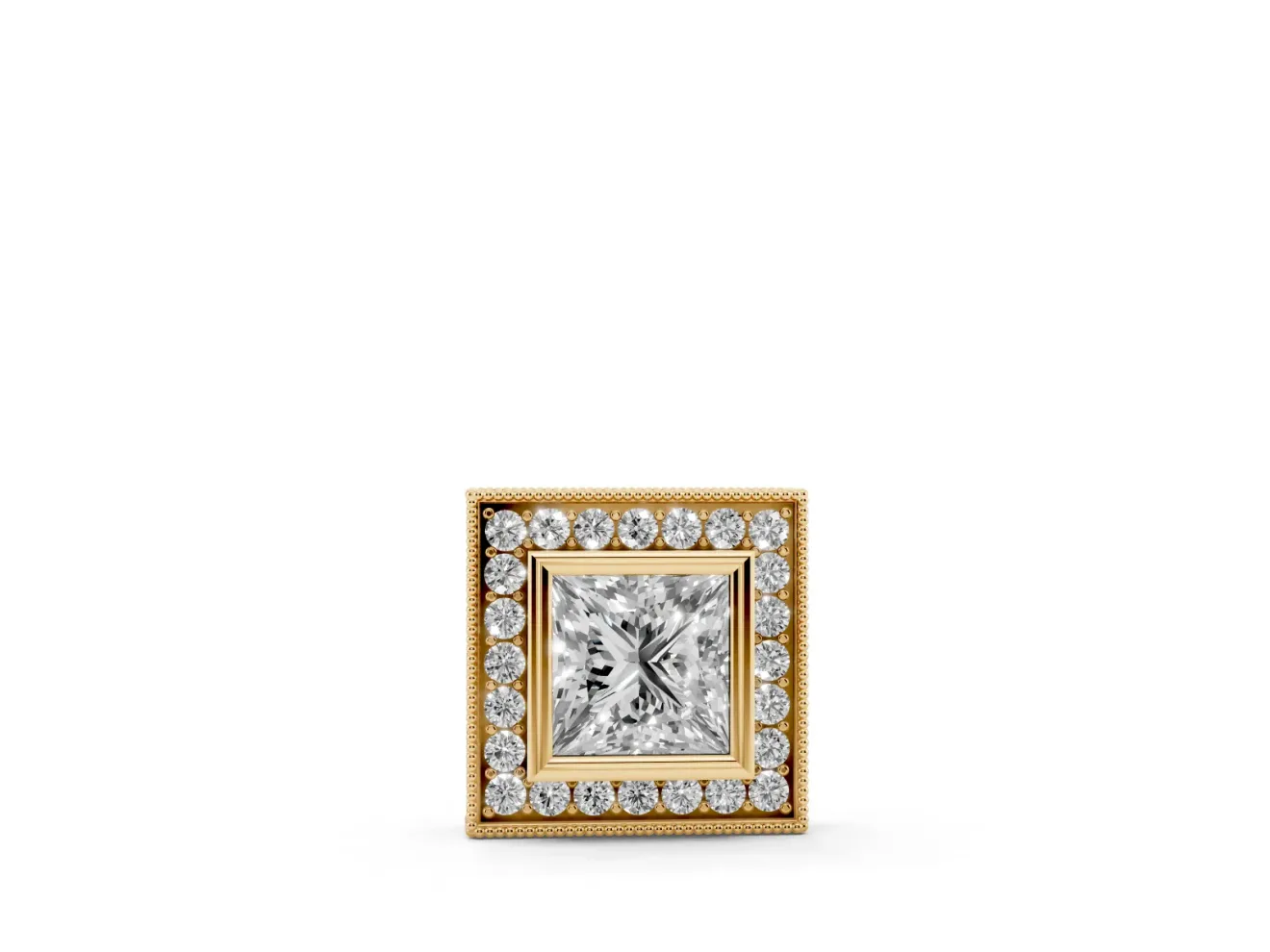Princess Cut Lab-Grown Diamond Bezel Halo Pendant Necklace | Milgrain Edge | Yellow Gold