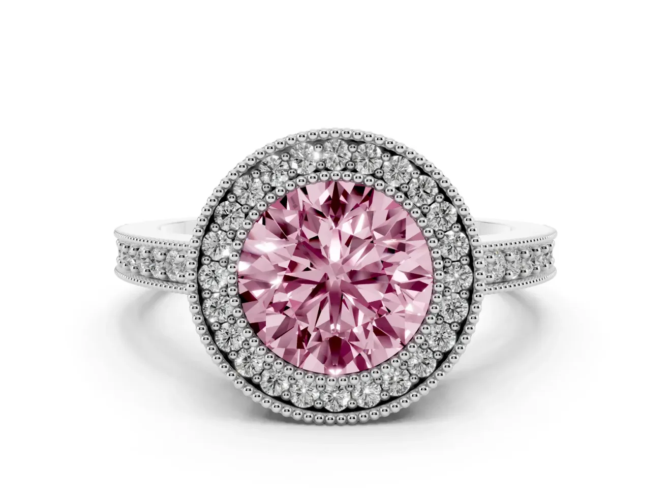 Fancy Pink Round Cut Diamond Halo Engagement Ring Set in Silver with Pavé Band and Round Halo Stones