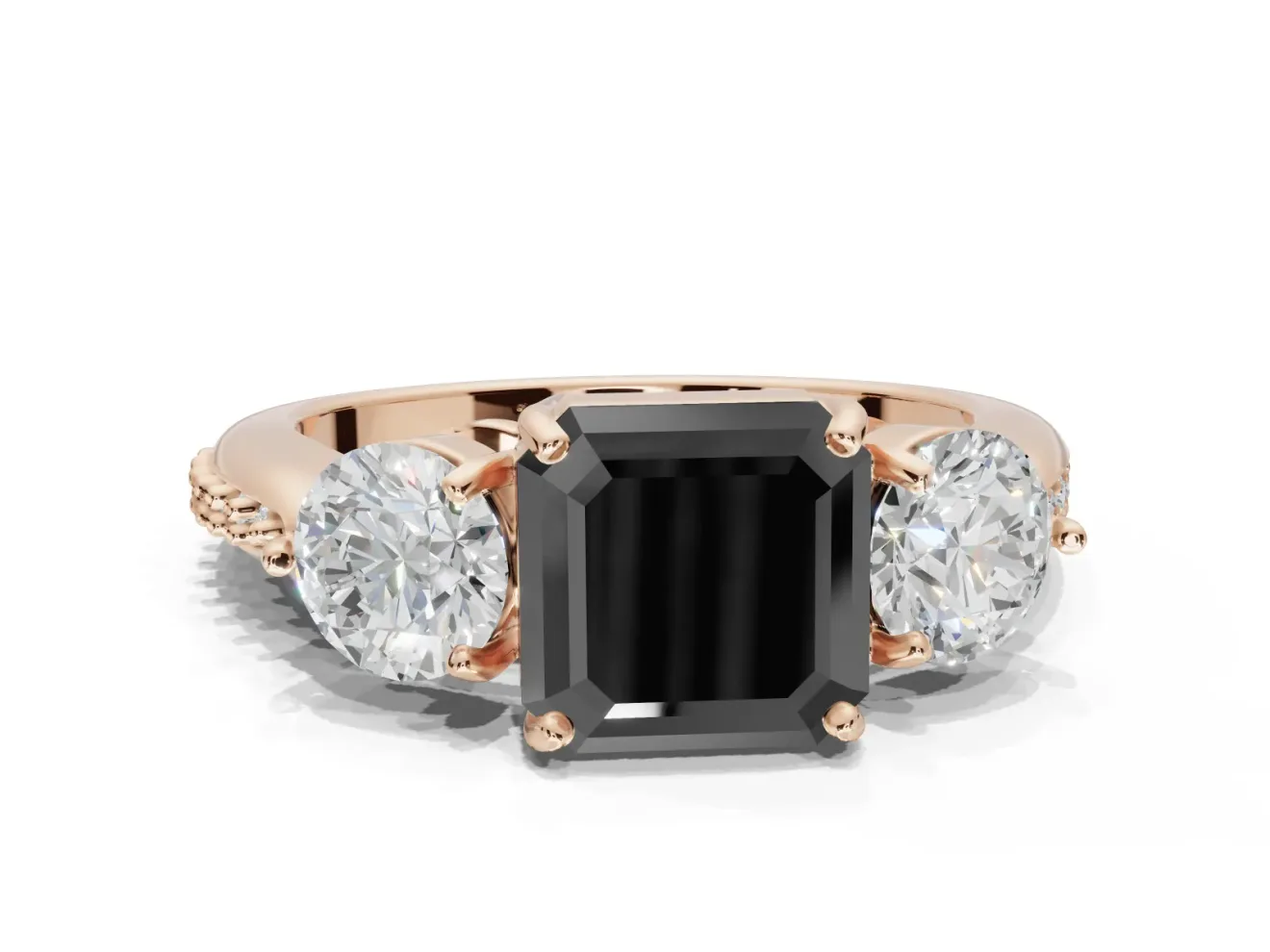 Fancy Black Asscher Cut Lab-Grown Diamond Three-Stone Ring Set in Rose Gold with Channel-Set Band and Prong Setting