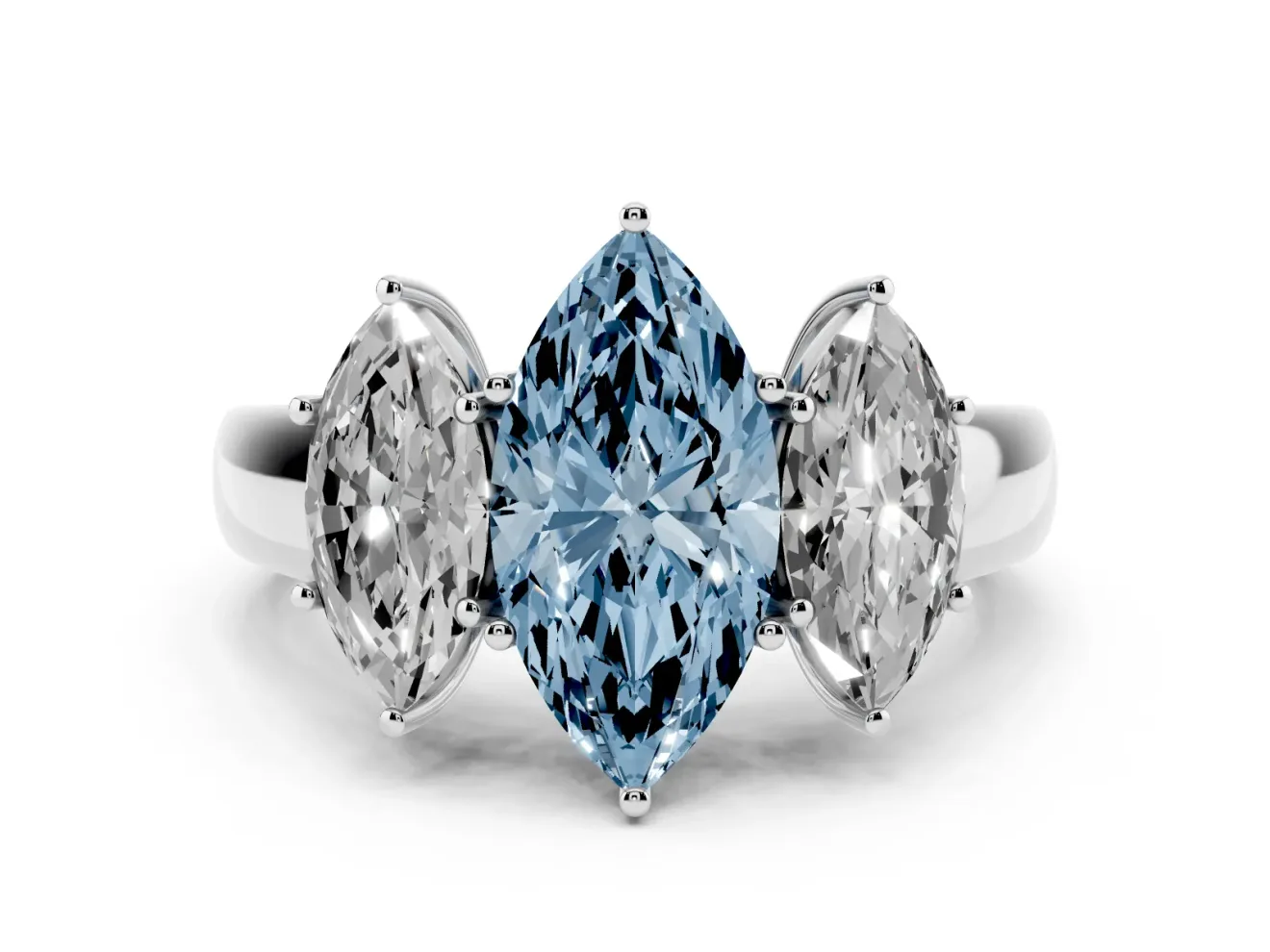 Fancy Blue Three-Stone Marquise Cut Diamond Ring Set in White gold with Matching Prong Settings and Plain Band