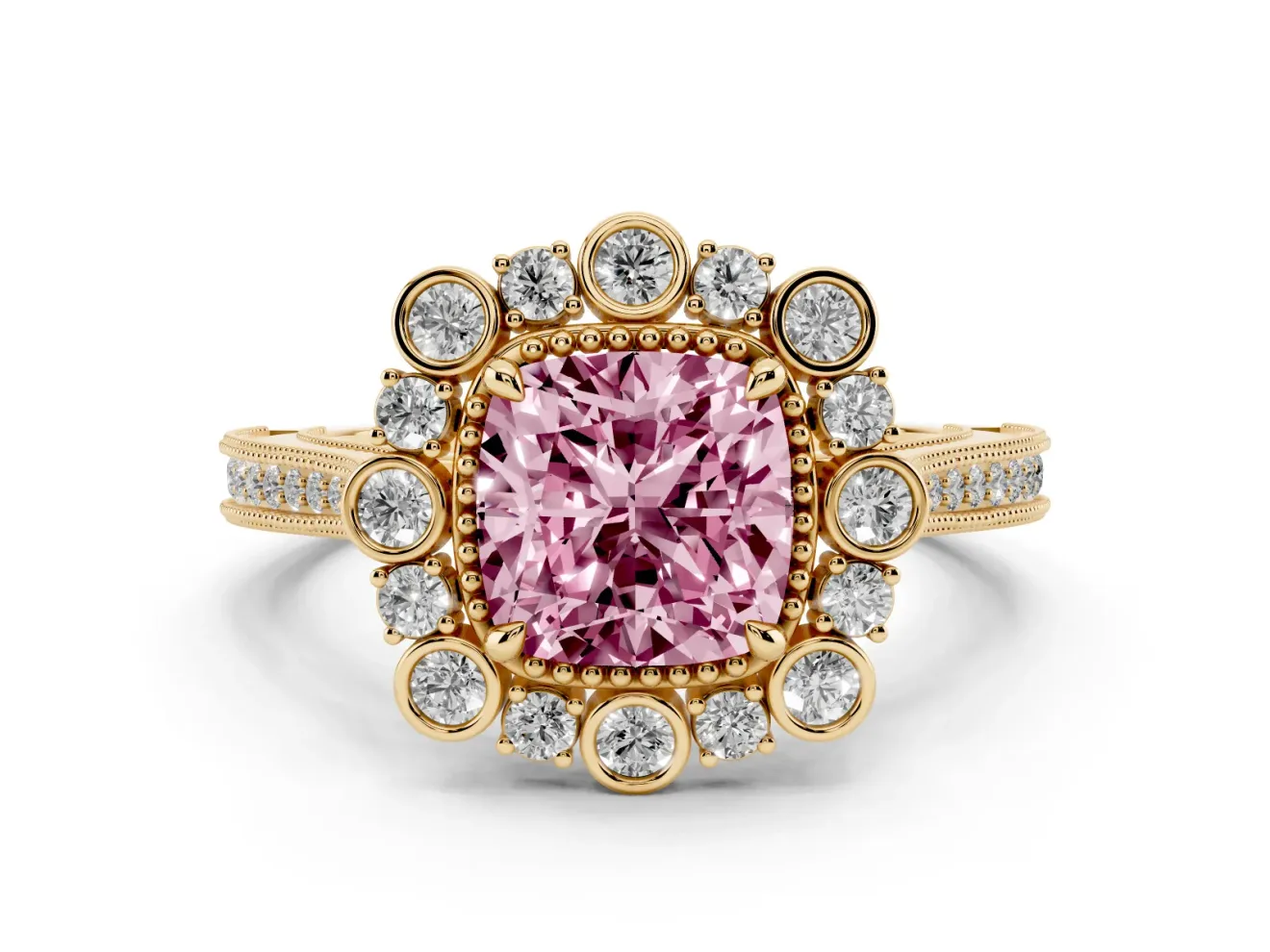 Fancy Pink Cushion Cut Diamond Halo Milgrain Pavé Ring Set in Yellow gold with Prong Setting