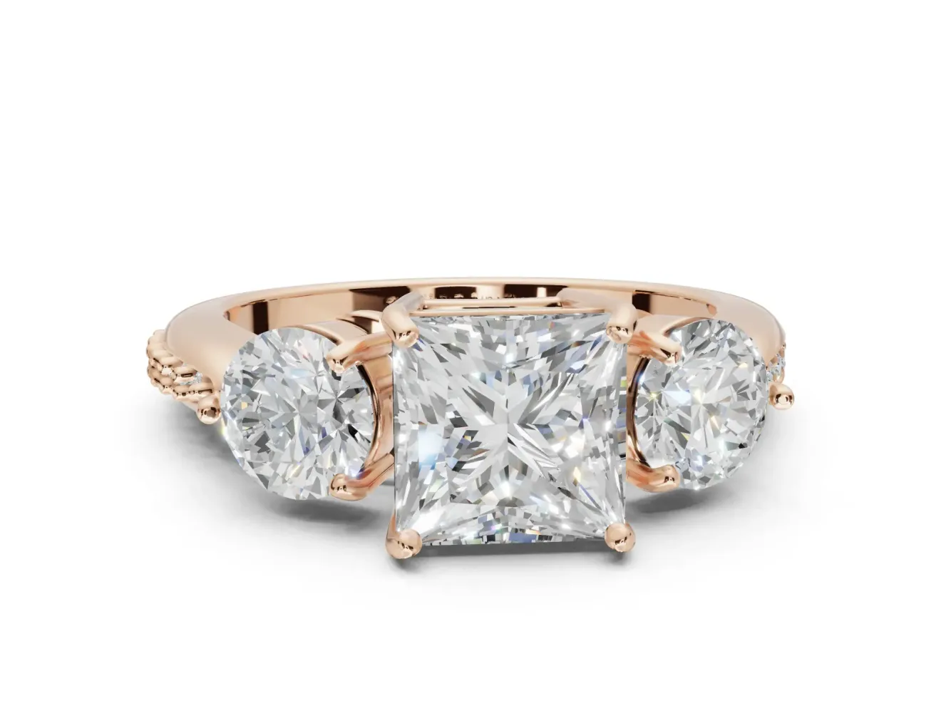 Princess Cut Three Stone Engagement Ring Setting | Tapered Pave Band | Rose Gold