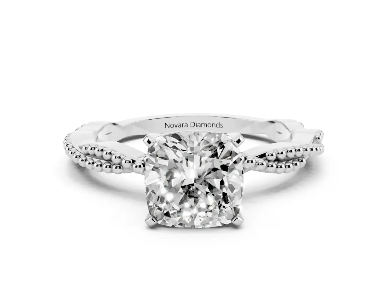 Cushion Cut Twisted Solitaire Engagement Ring Setting | Beaded Twist Band | White Gold