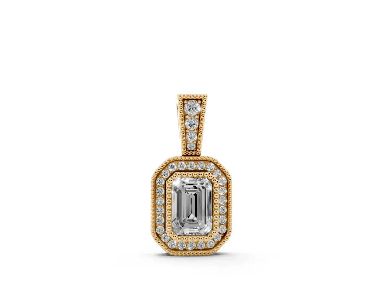 Emerald Cut Lab-Grown Diamond Pavé Halo Pendant Necklace | Graduated Pavé Bail | Yellow Gold