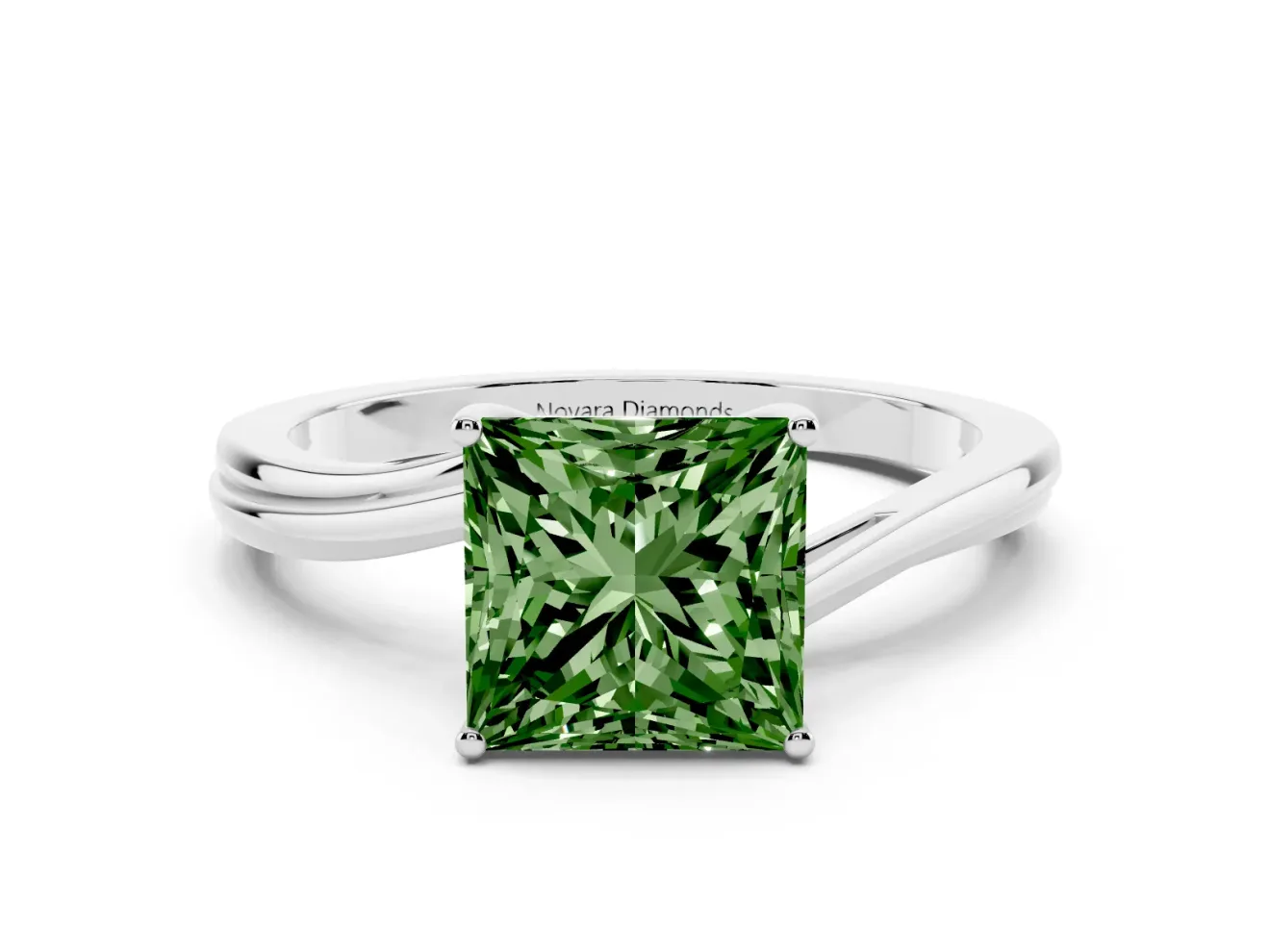 Fancy Green Princess Cut Diamond Solitaire Twist Band Ring Set in Silver with Prong Setting