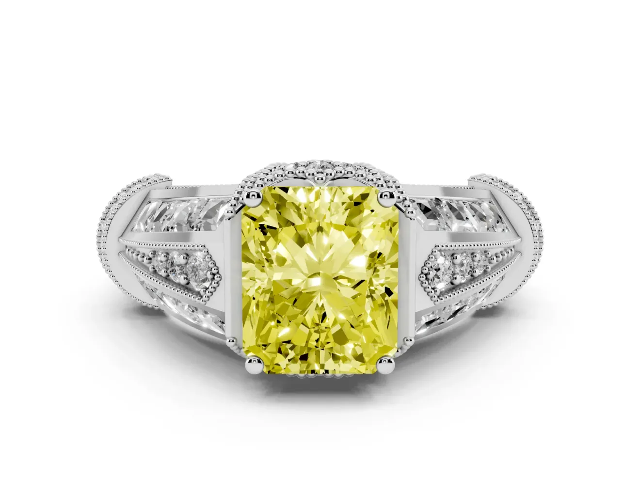 Fancy Yellow Radiant Cut Diamond Vintage-Inspired Milgrain Ring Set in Platinum with Accent Split Shank
