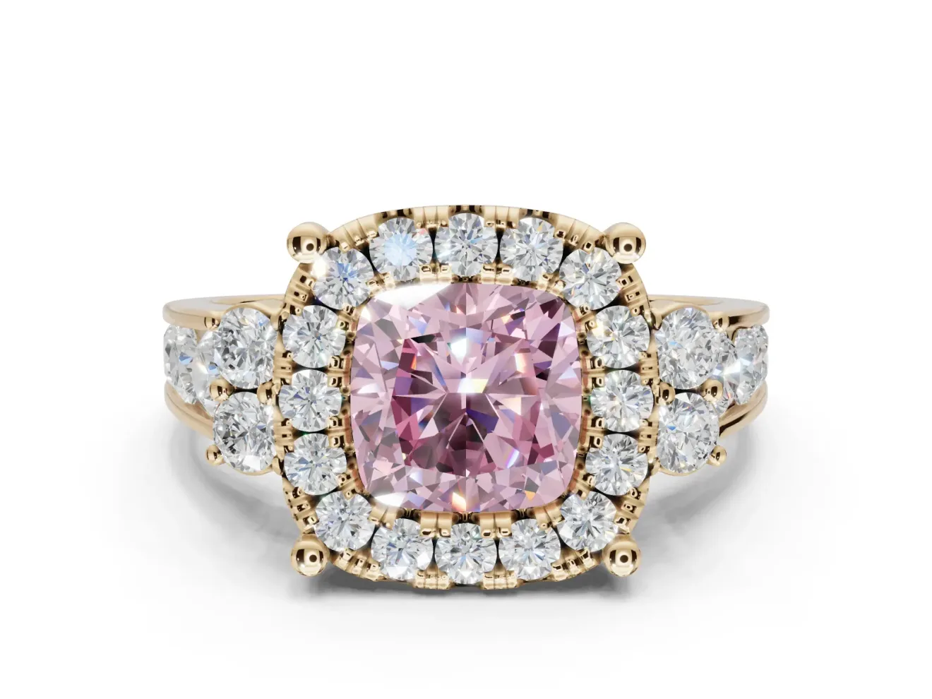 Cushion Cut Halo Engagement Ring Setting for a Fancy Pink Lab-Grown Diamond | Graduated Channel Band | Yellow Gold