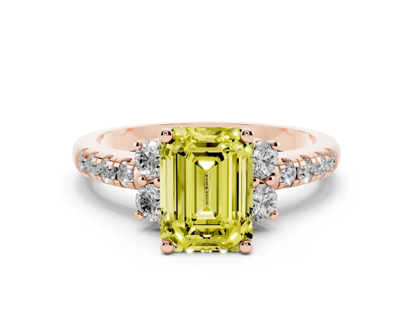 Emerald Cut Side Stone Engagement Ring Setting for a Fancy Yellow Lab-Grown Diamond | Pave Band | Rose Gold