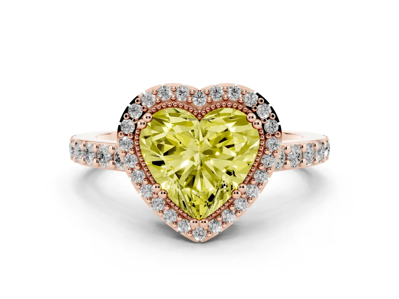 Fancy Yellow Heart Cut Diamond Halo Engagement Ring Set in Rose gold with Milgrain Detail and Pavé Band